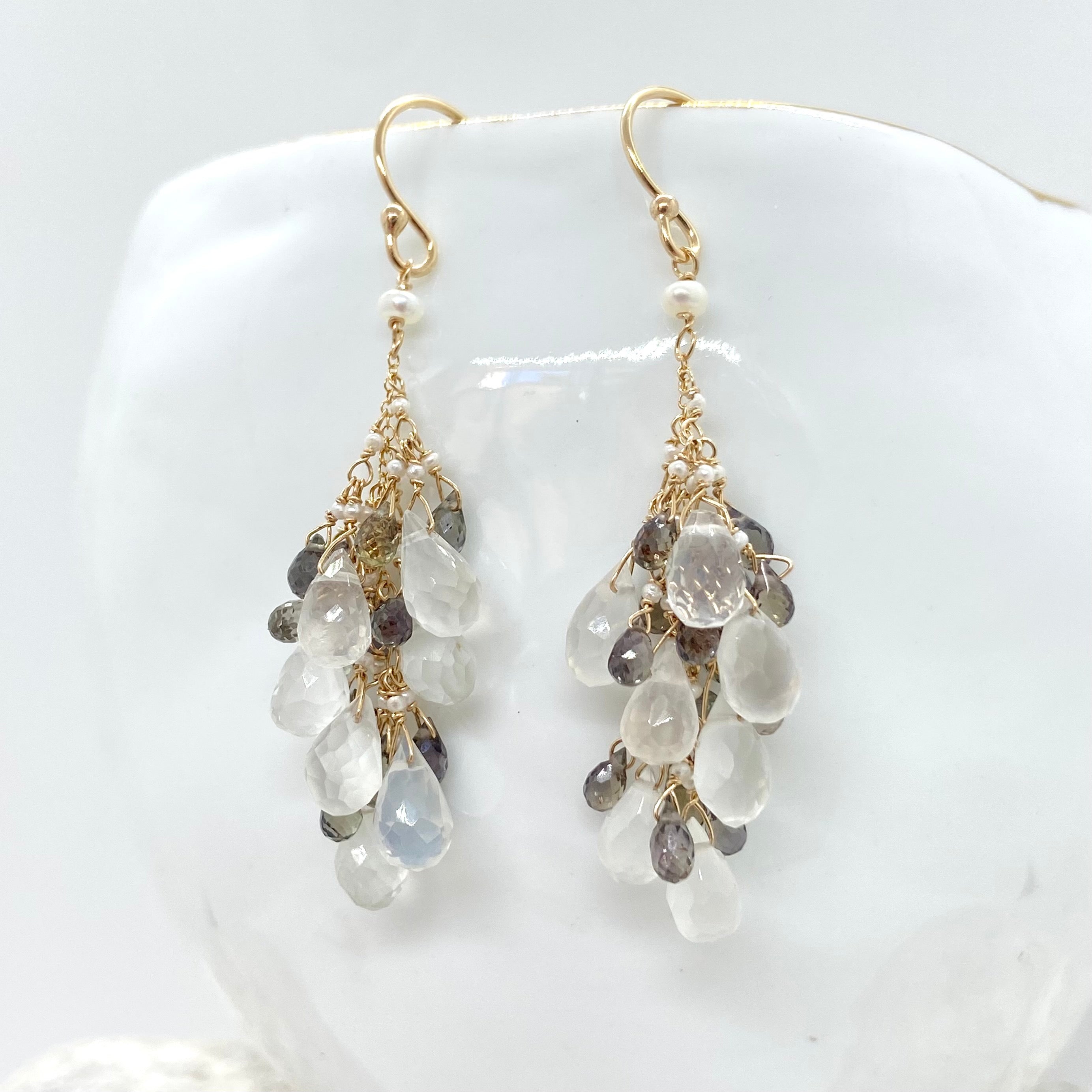 14k Gold Earrings w/ Moonstone, Grey Sapphires, Keshi Pearls & Freshwater Pearl