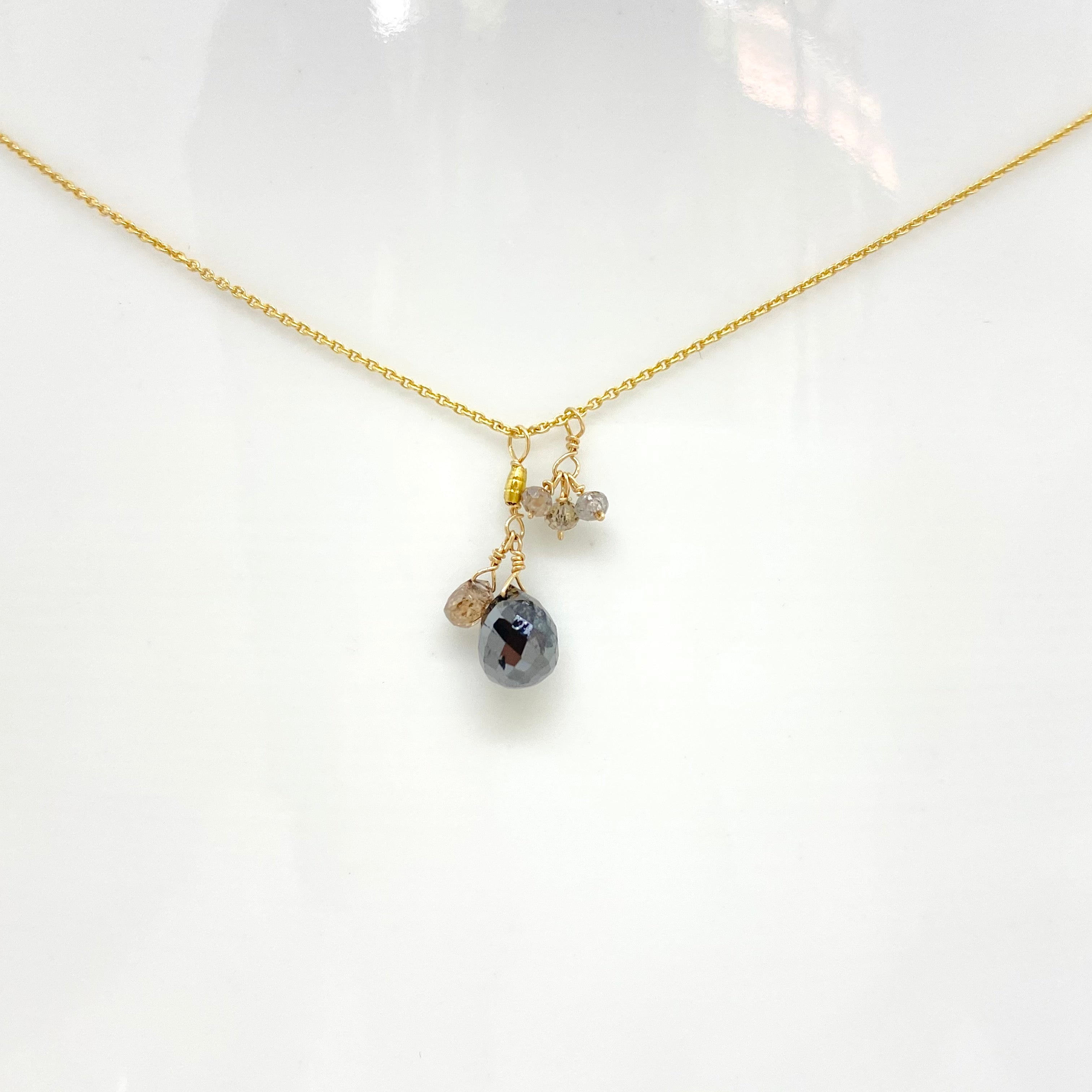 14k Gold Chain Necklace w/ Black Diamond, Champagne Diamonds & 18k Gold Nugget