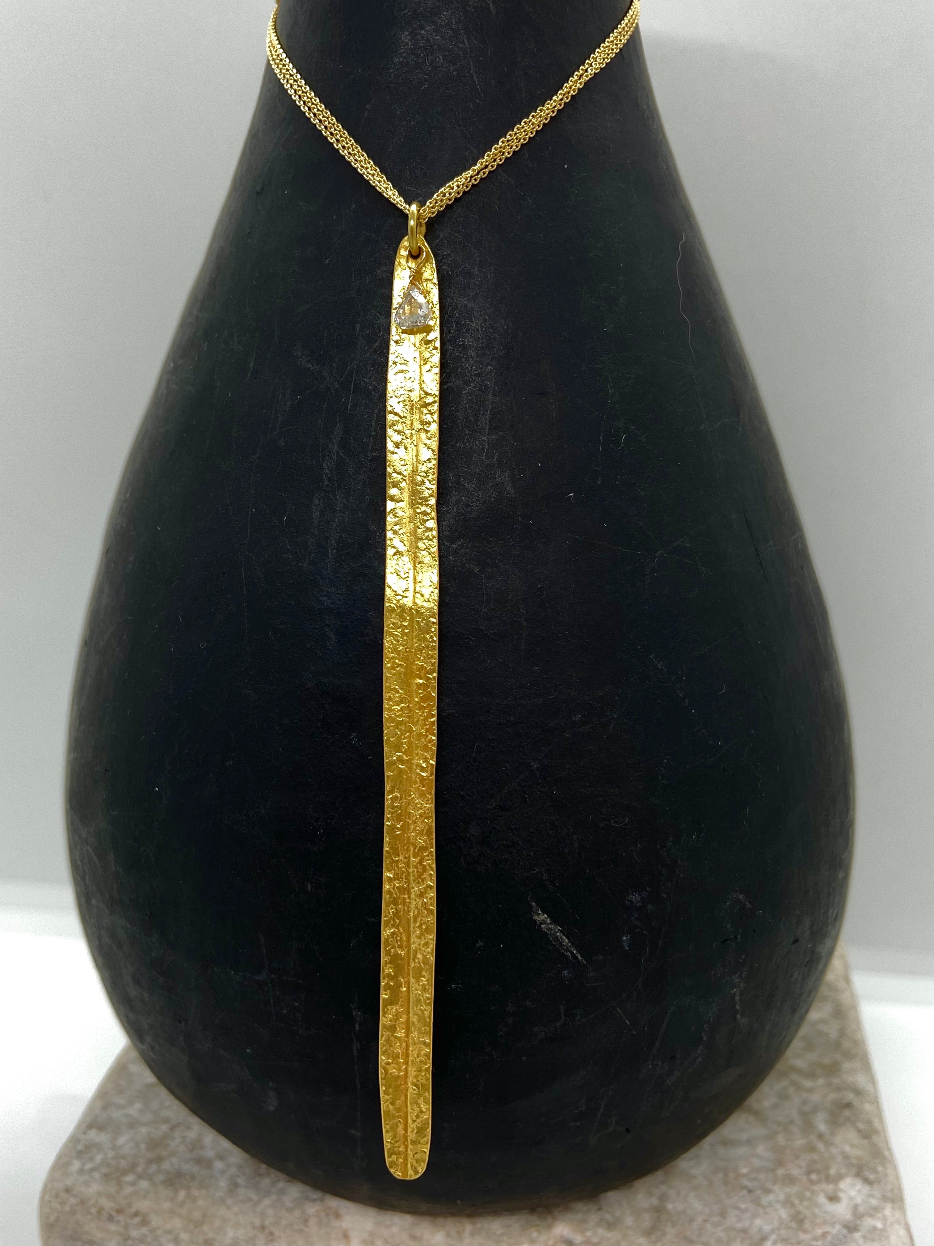 14k Gold Choker Triple-Chain Necklace w/ 18k Gold Leaf Pendant & Natural Diamond