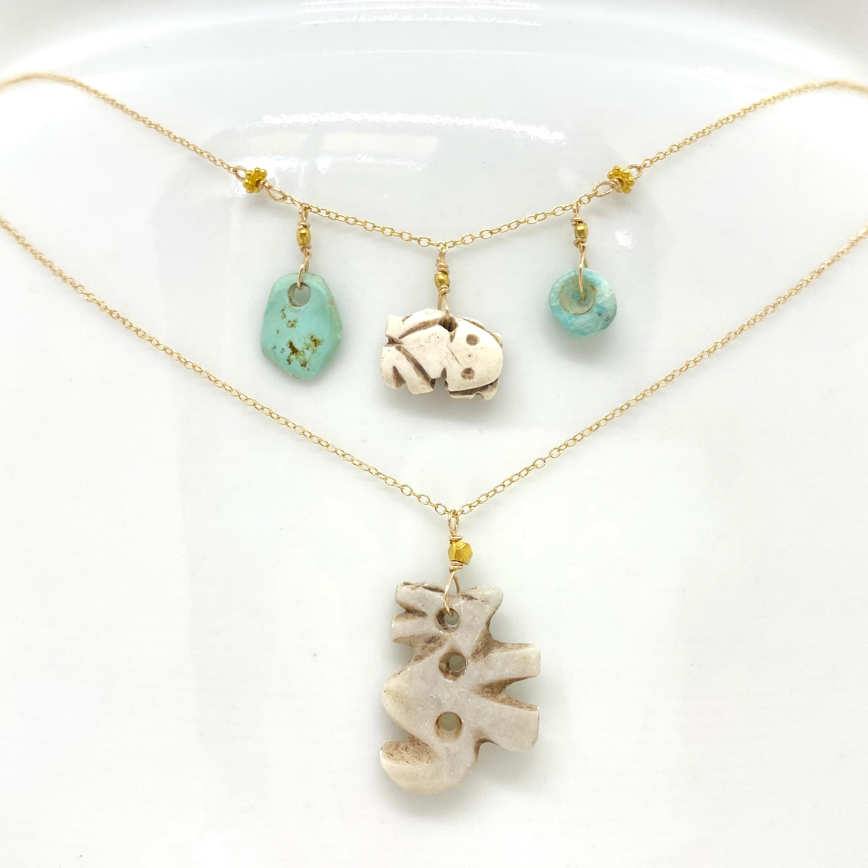 14k Gold Chain Necklace w/ Pre-Columbian Bone Frog Charm, Pre-Columbian Turquoise, 18k Gold Daisies & 18k Gold Nuggets