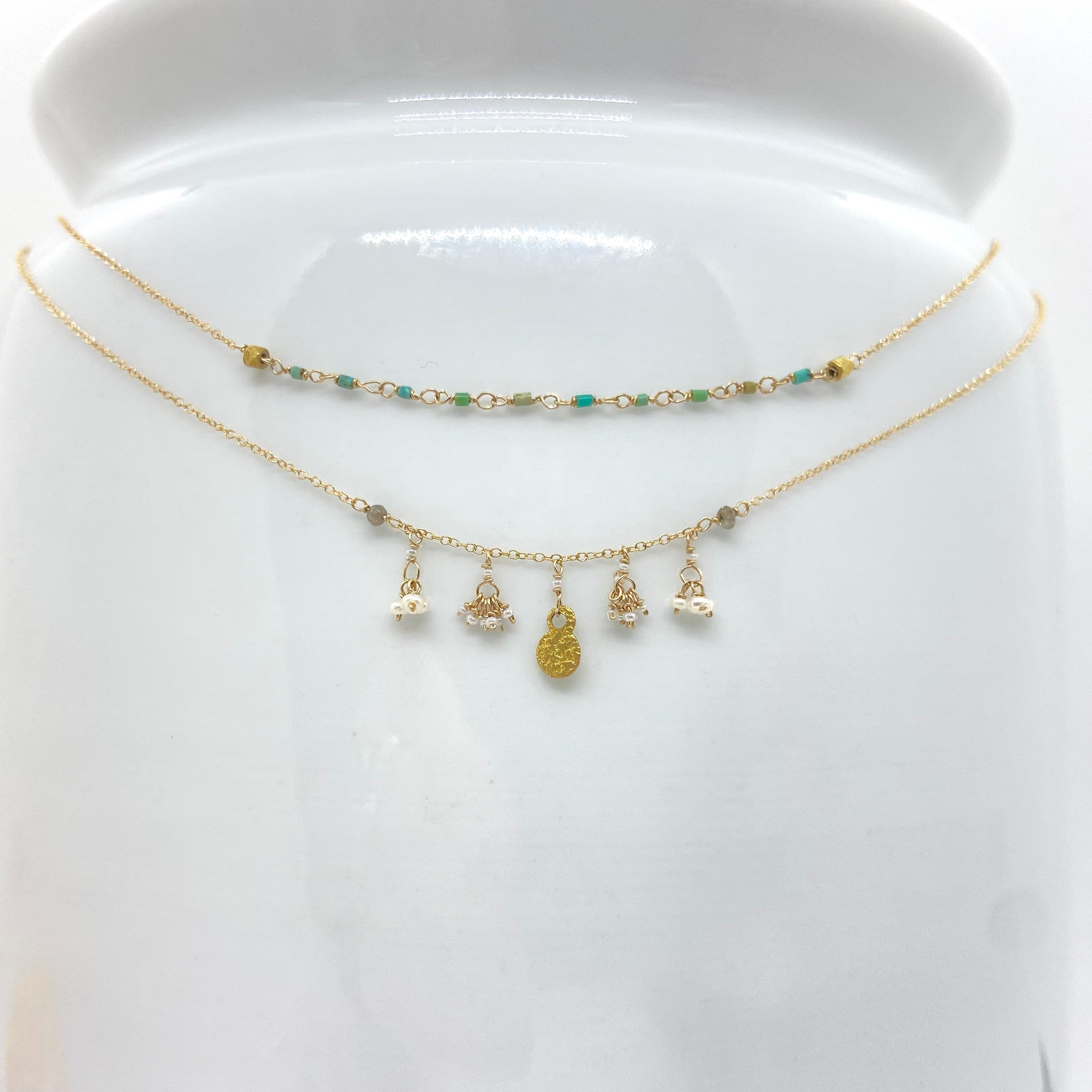 14k Gold Chain Necklace w/ 18k Gold Pendant, Freshwater Pearls, Diamonds & Antique Italian Beads