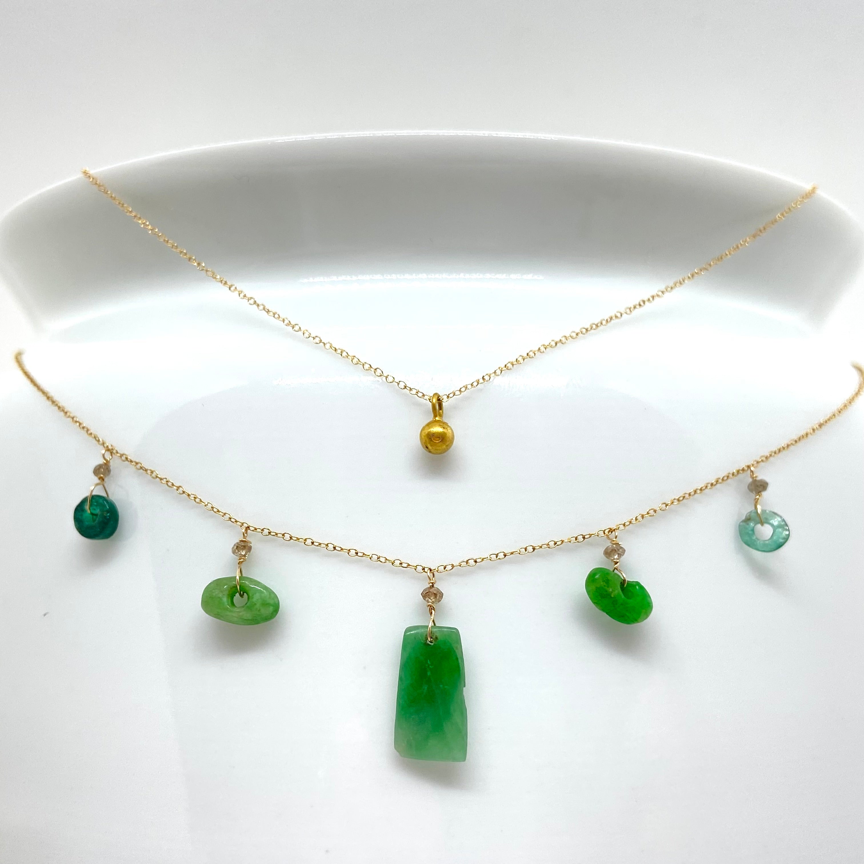 14k Gold Chain Necklace w/ Emerald Jade & Diamonds