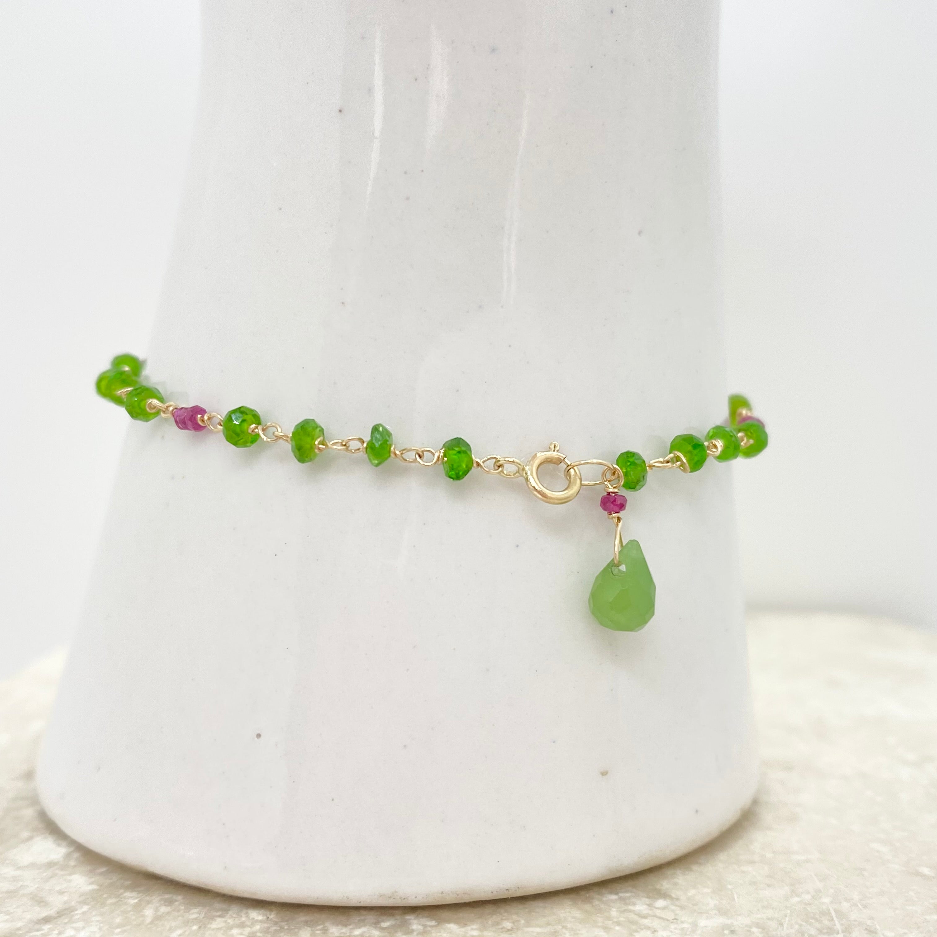 14k Gold Bracelet w/ Tsavorite, Rubies & Jade Drop