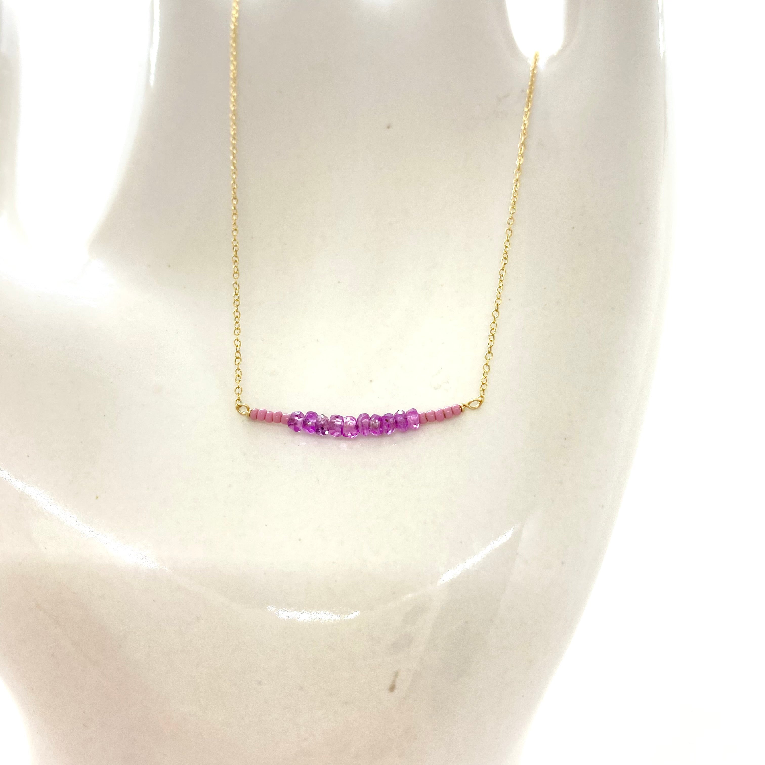 14k Gold Chain Necklace w/ Pink Sapphires & Antique Italian Beads