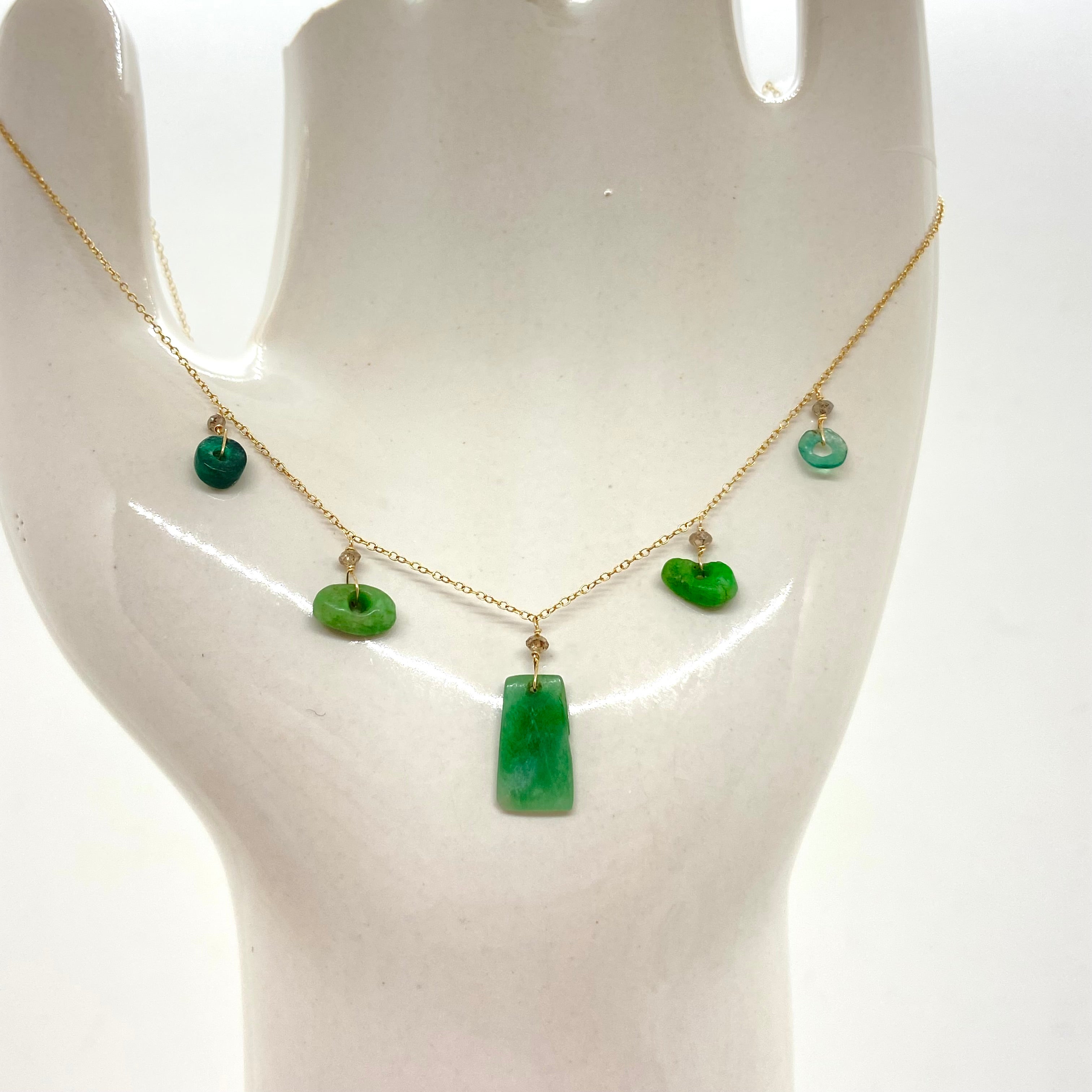 14k Gold Chain Necklace w/ Emerald Jade & Diamonds