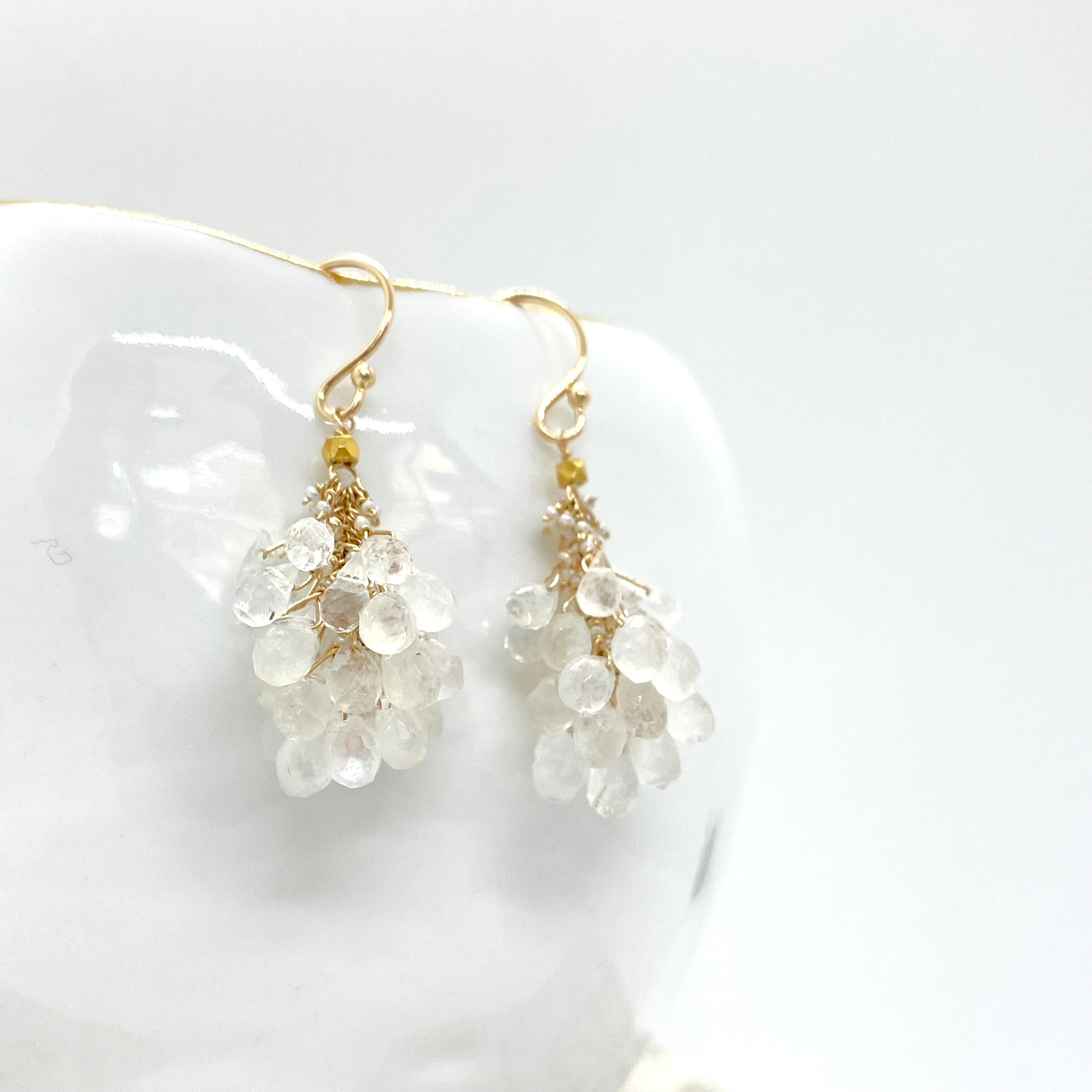 14k Gold Earrings w/ Moonstone, 18k Gold Nugget & Antique Italian Beads