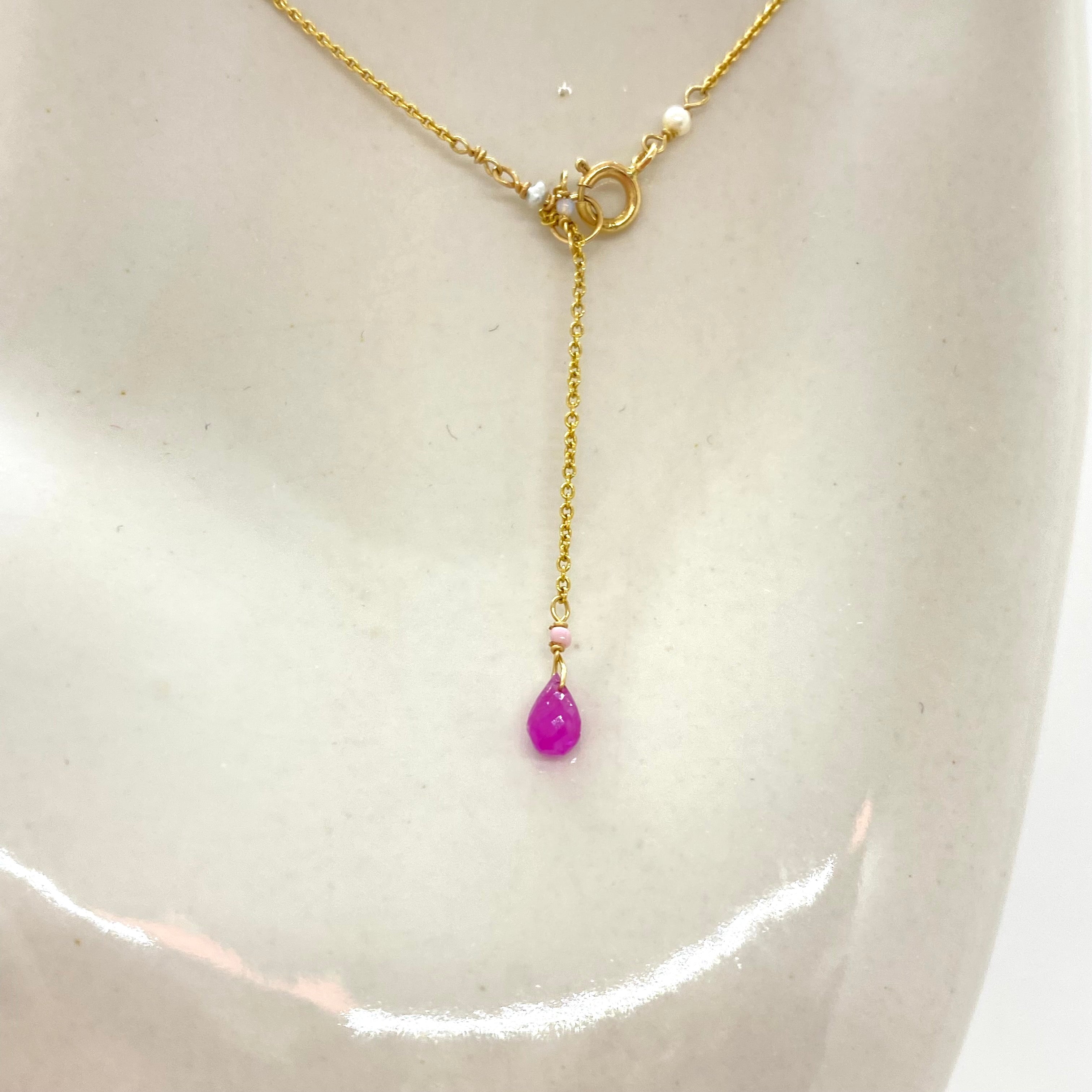 14k Gold Chain Necklace w/ Pink Sapphires, Freshwater Pearls, 18k Gold Daisy, 18k Gold Loop & Antique Italian Beads