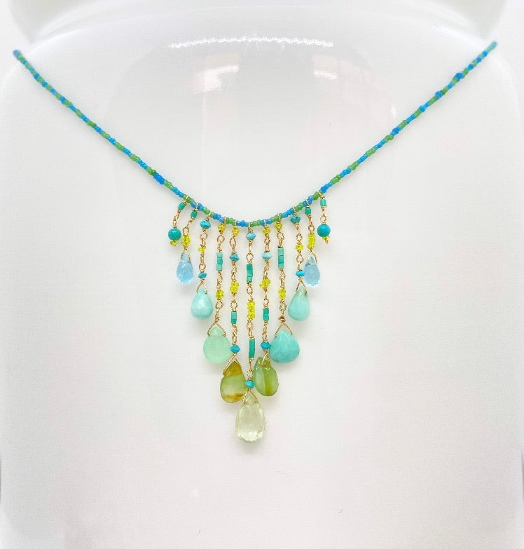 String Beaded Necklace w/ Chrysoberyl, Opal, Chrysoprase, Afghan Turquoise, Apatite & Antique Italian Beads