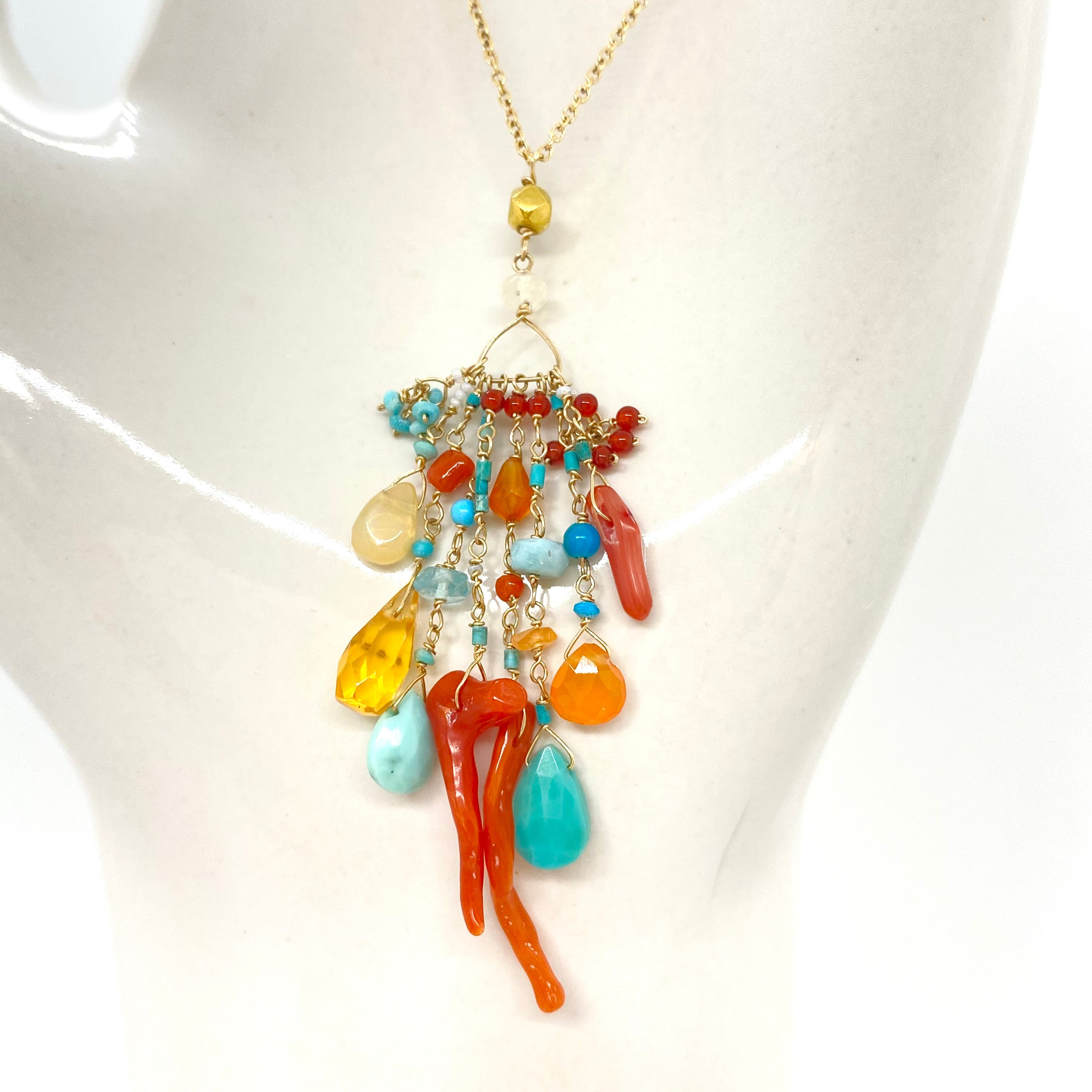 14k Gold Chain Necklace w/ Coral, 18k Gold Nugget, Turquoise, Opal, Apatite & Carnelian