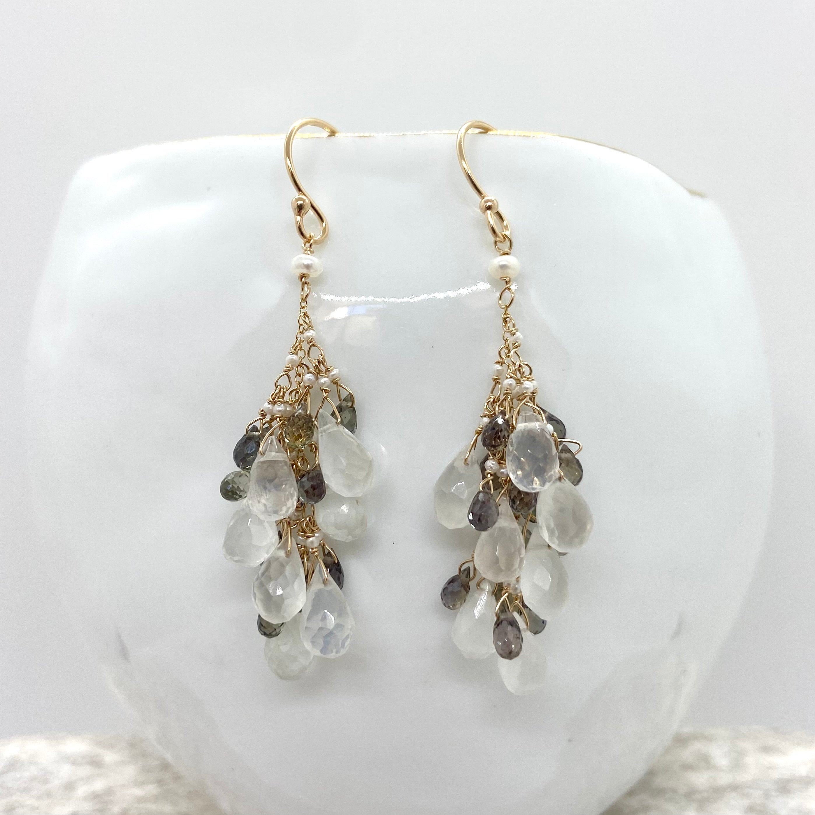 14k Gold Earrings w/ Moonstone, Grey Sapphires, Keshi Pearls & Freshwater Pearl