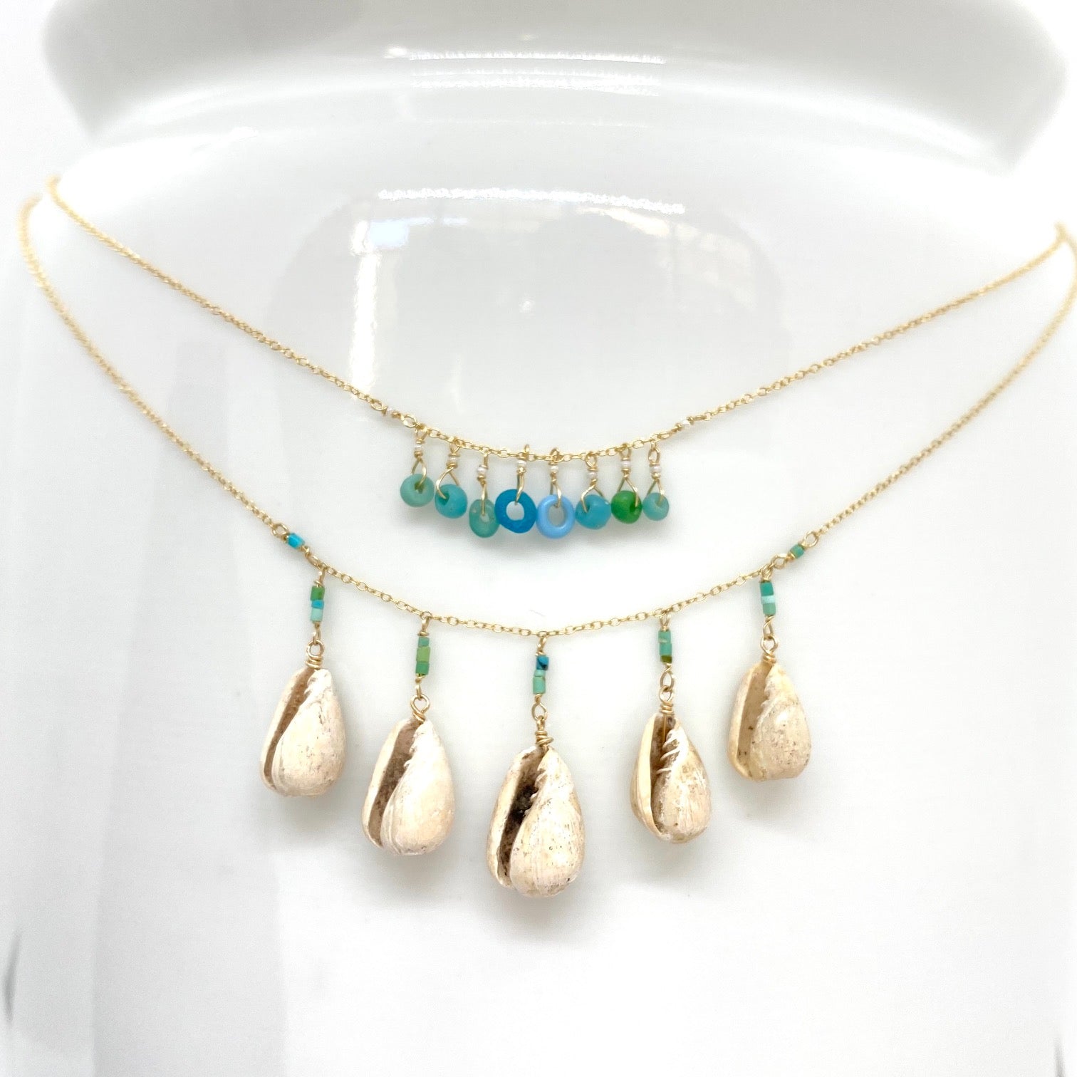 14k Gold Chain Necklace w/ Pre-Columbian Shells & Afghan Turquoise
