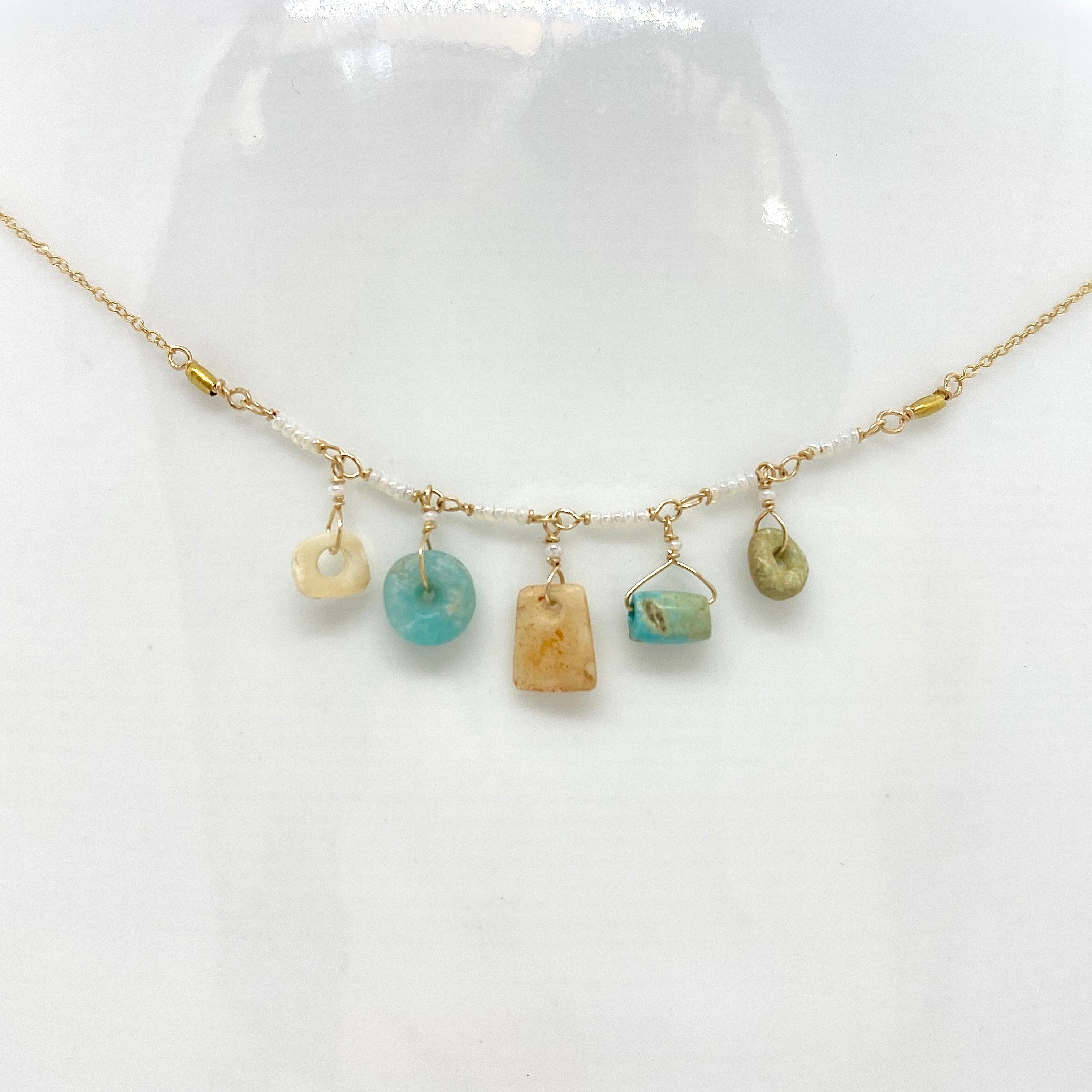 14k Gold Chain Necklace w/ Pre-Columbian Bone, White Jade, Turquoise, Chrysoprase, 18k Gold Nuggets & Antique Italian Beads