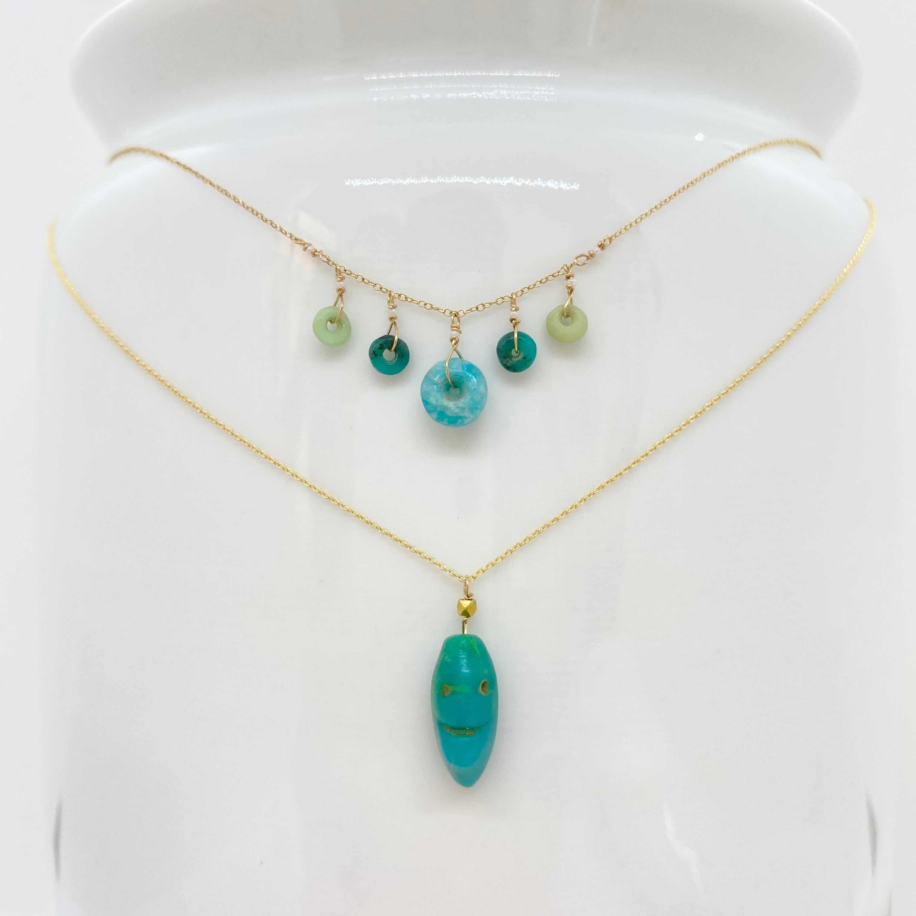 14k Gold Chain Necklace w/ Pre-Columbian Chrysoprase, 18k Gold Nugget & Antique Italian Beads