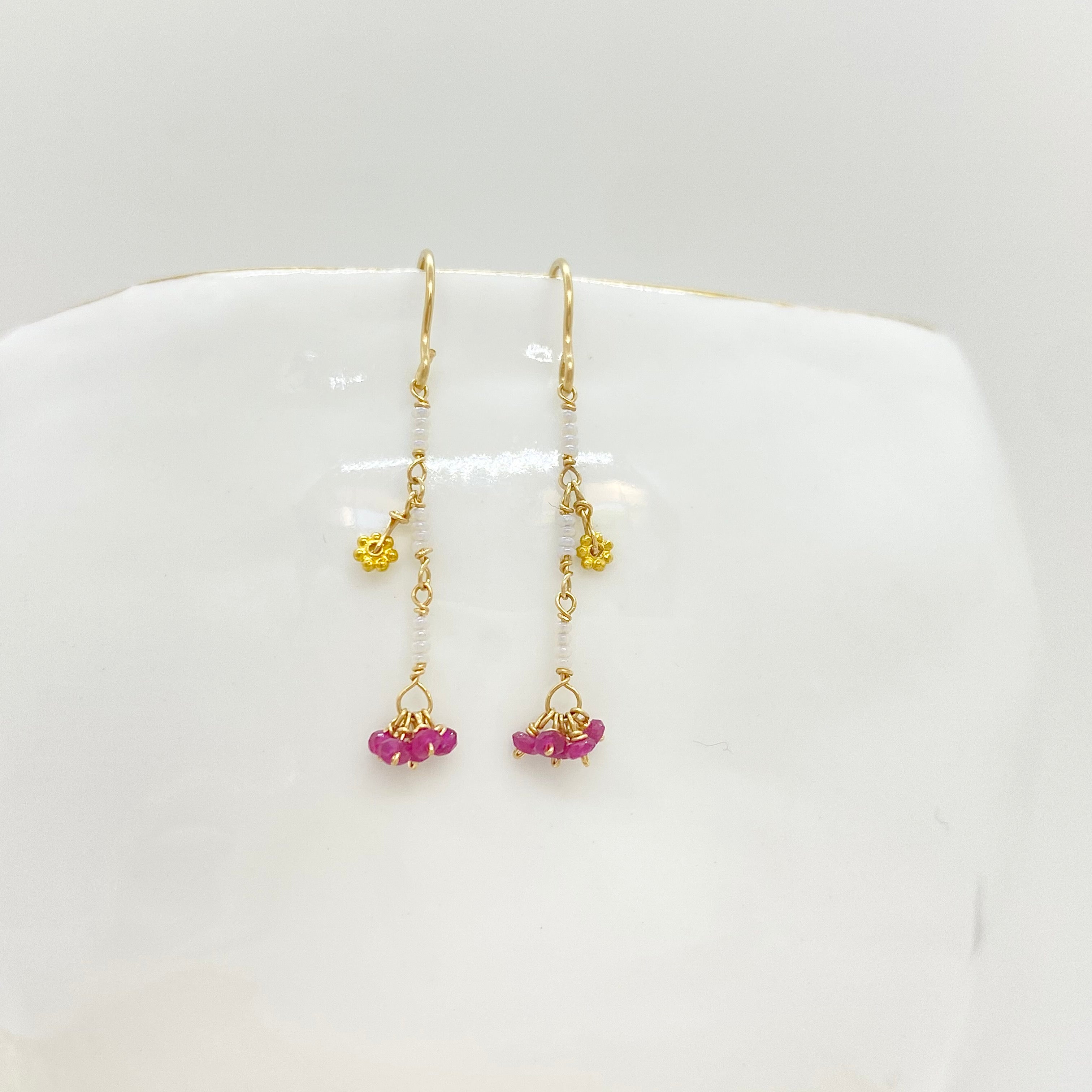 14k Gold Earrings w/ Rubies, 18k Gold Daisy & Antique Italian Beads