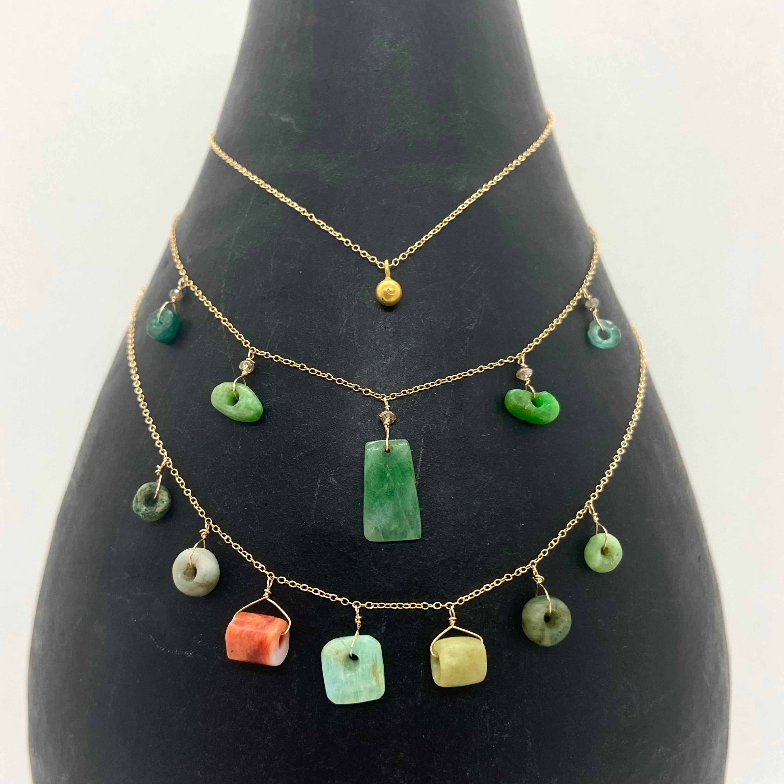 14k Gold Chain Necklace w/ Emerald Jade & Diamonds