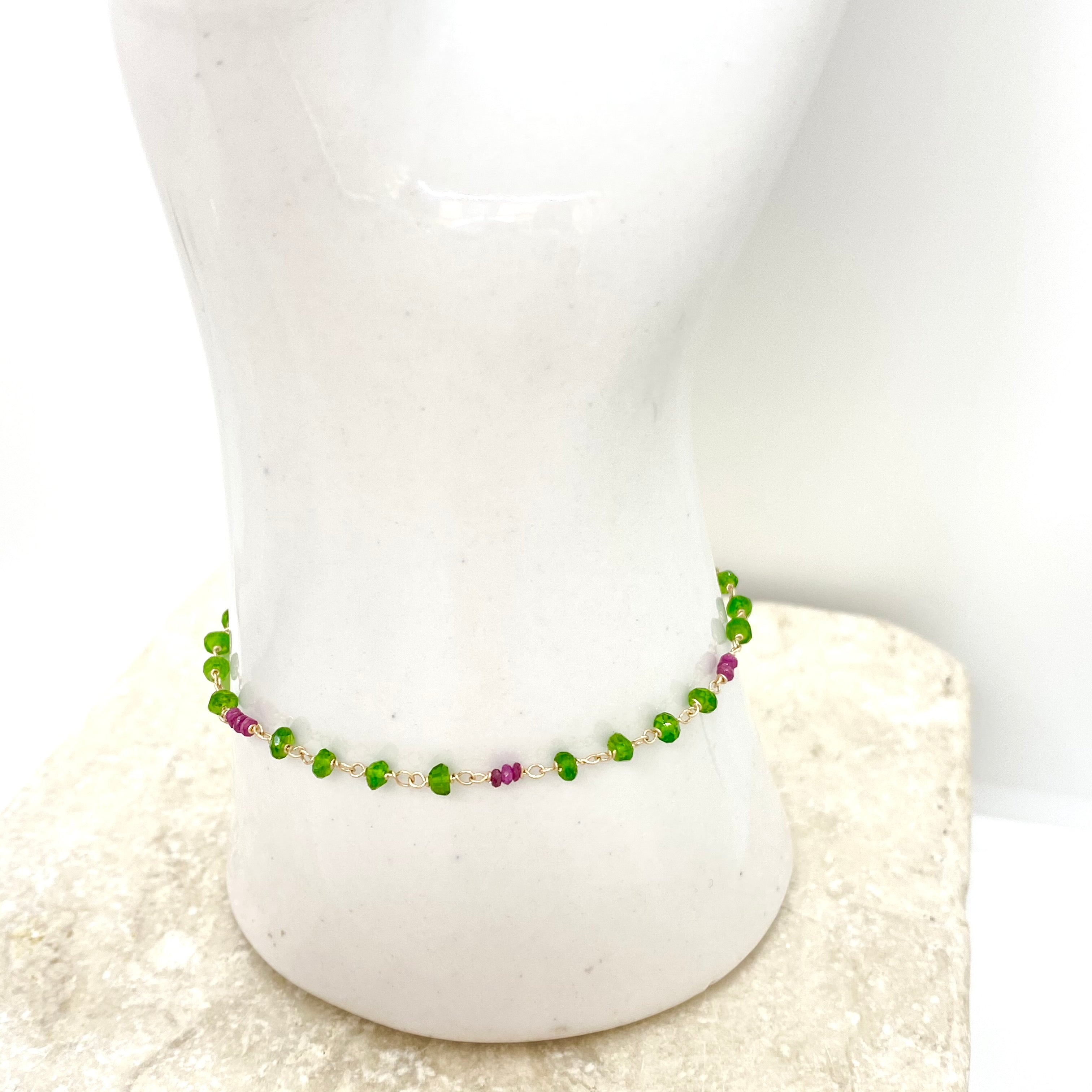 14k Gold Bracelet w/ Tsavorite, Rubies & Jade Drop