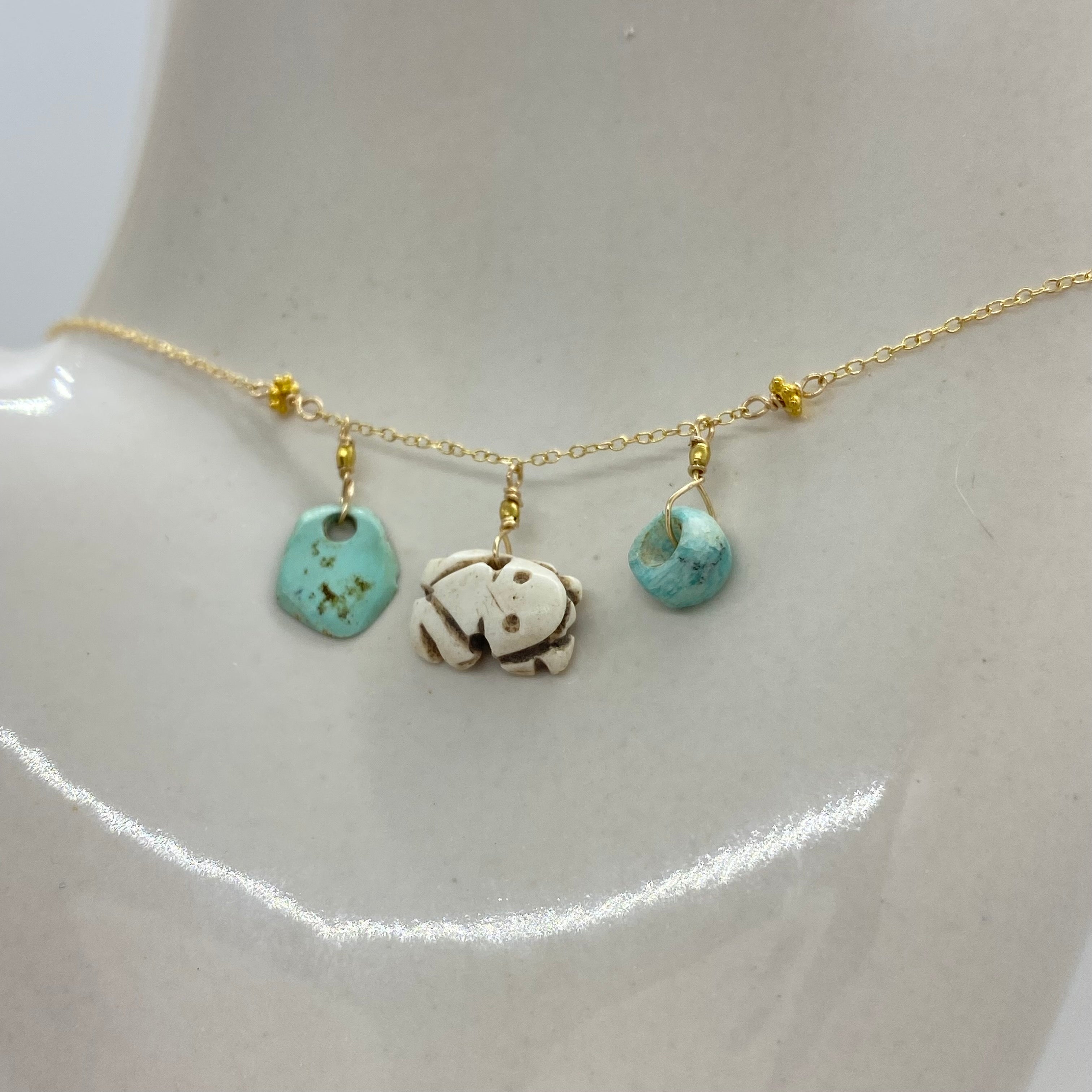 14k Gold Chain Necklace w/ Pre-Columbian Bone Frog Charm, Pre-Columbian Turquoise, 18k Gold Daisies & 18k Gold Nuggets
