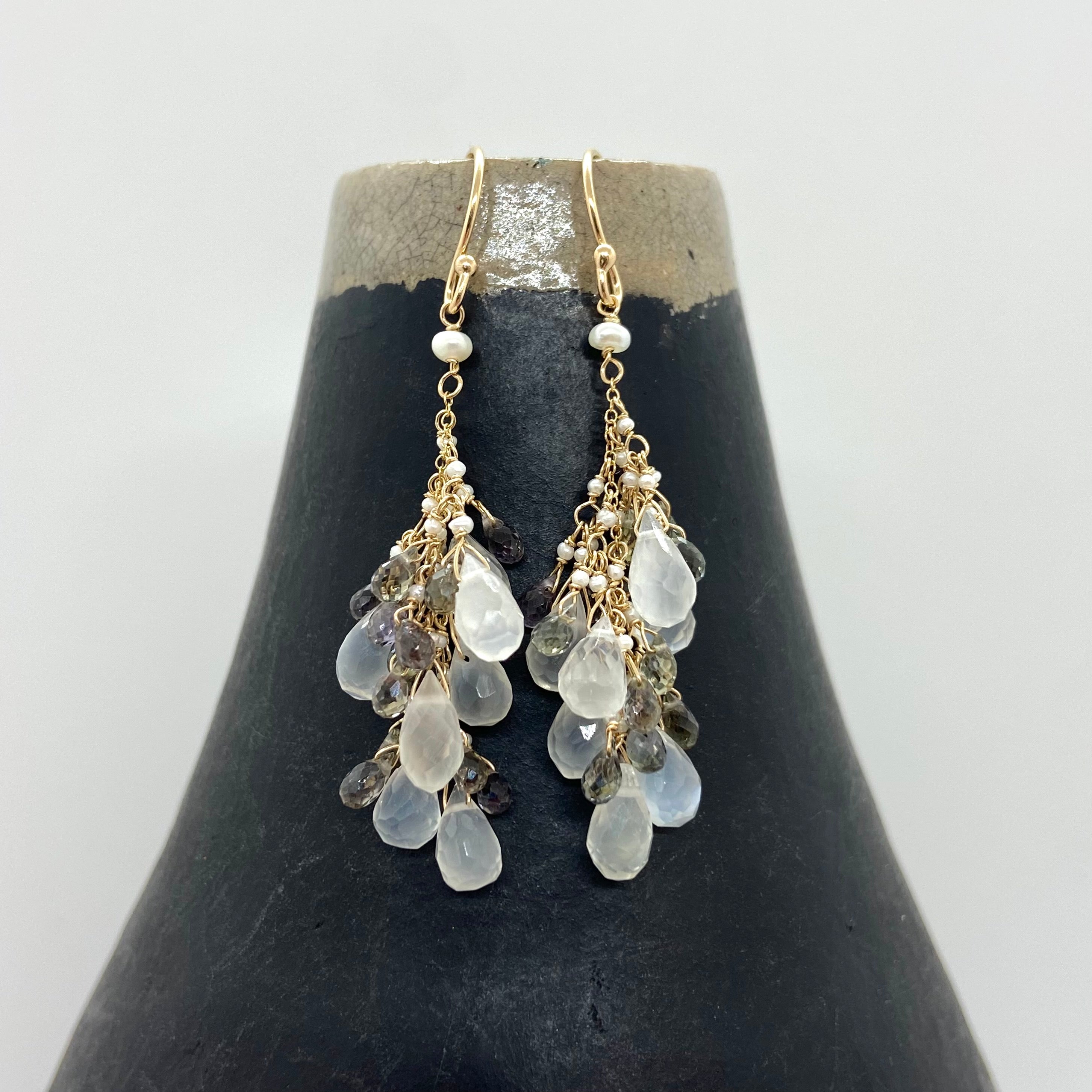 14k Gold Earrings w/ Moonstone, Grey Sapphires, Keshi Pearls & Freshwater Pearl