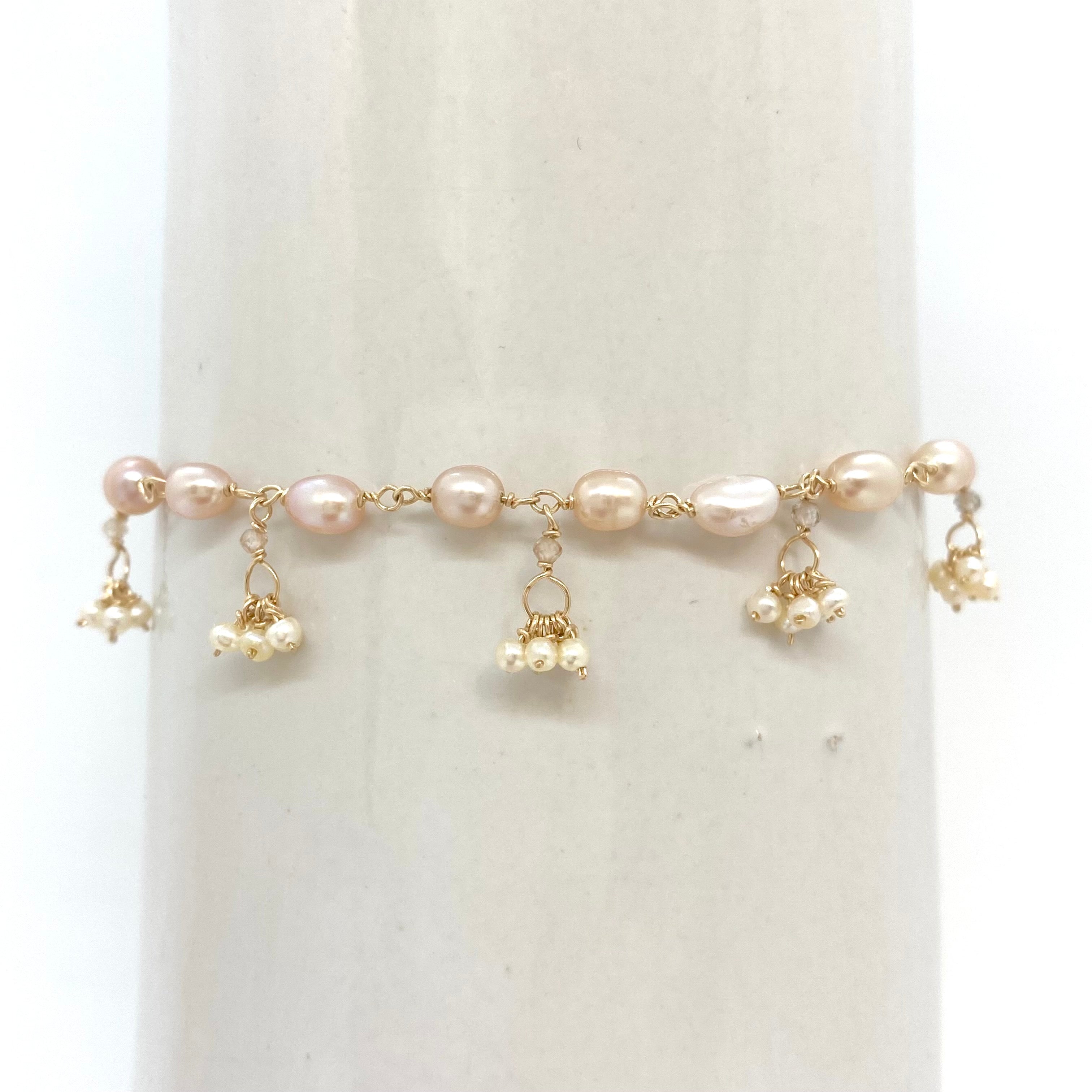 14k Gold Bracelet w/ Freshwater Pearls & Quartz