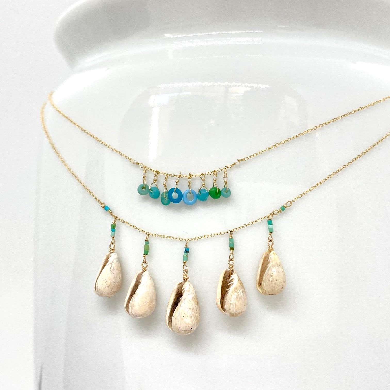 14k Gold Chain Necklace w/ Pre-Columbian Shells & Afghan Turquoise