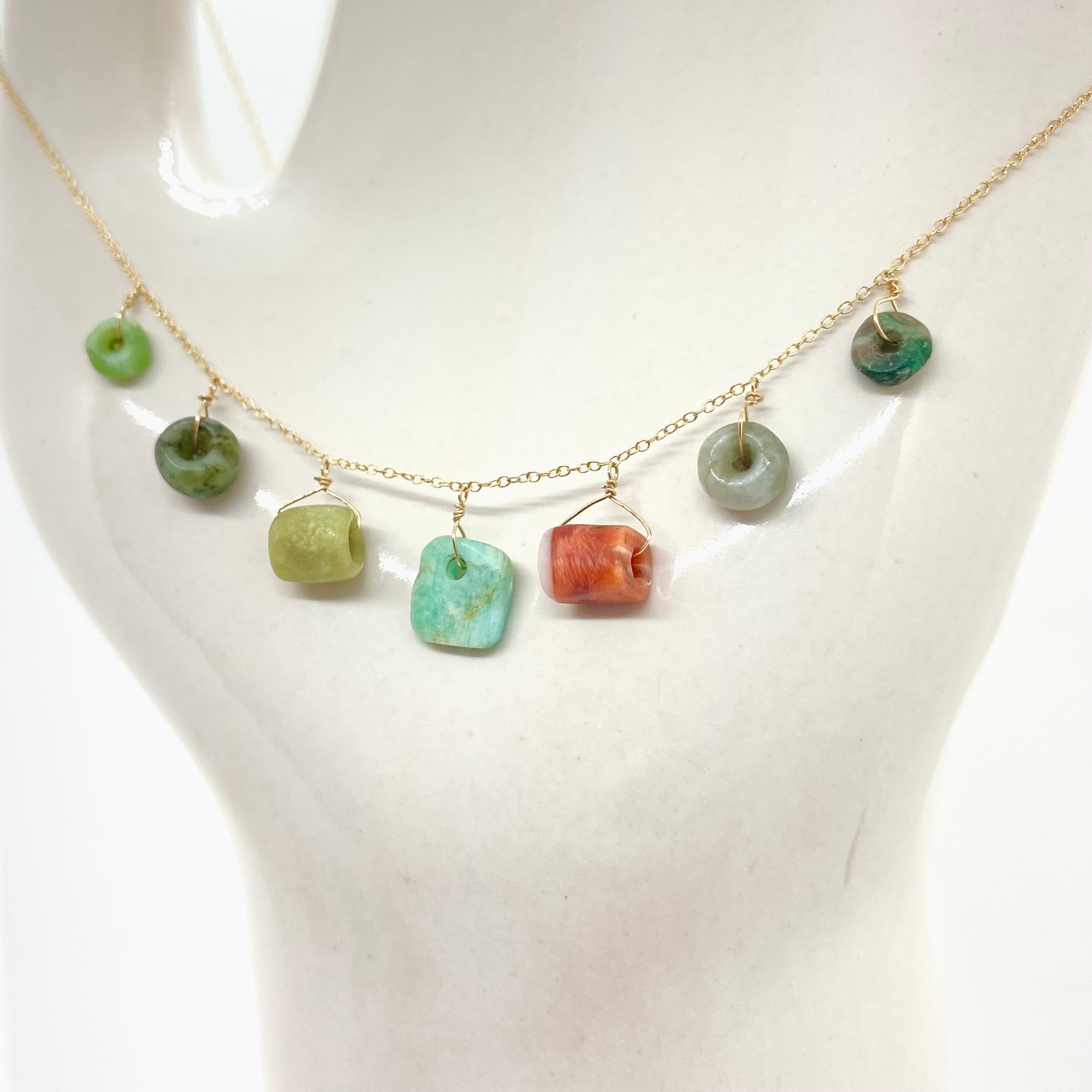 14k Gold Chain Necklace w/ Pre-Columbian Chrysoprase, Jade, Jadeite, Amazonite & Coral
