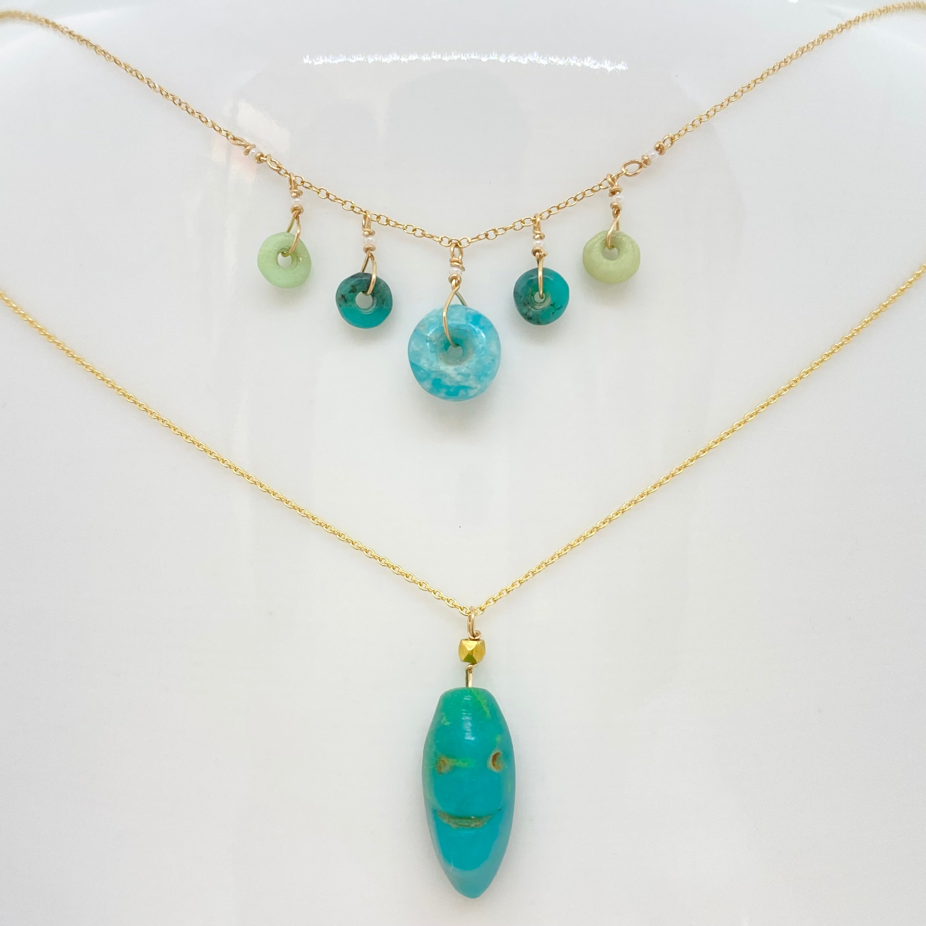14k Gold Chain Necklace w/ Pre-Columbian Chrysoprase, 18k Gold Nugget & Antique Italian Beads