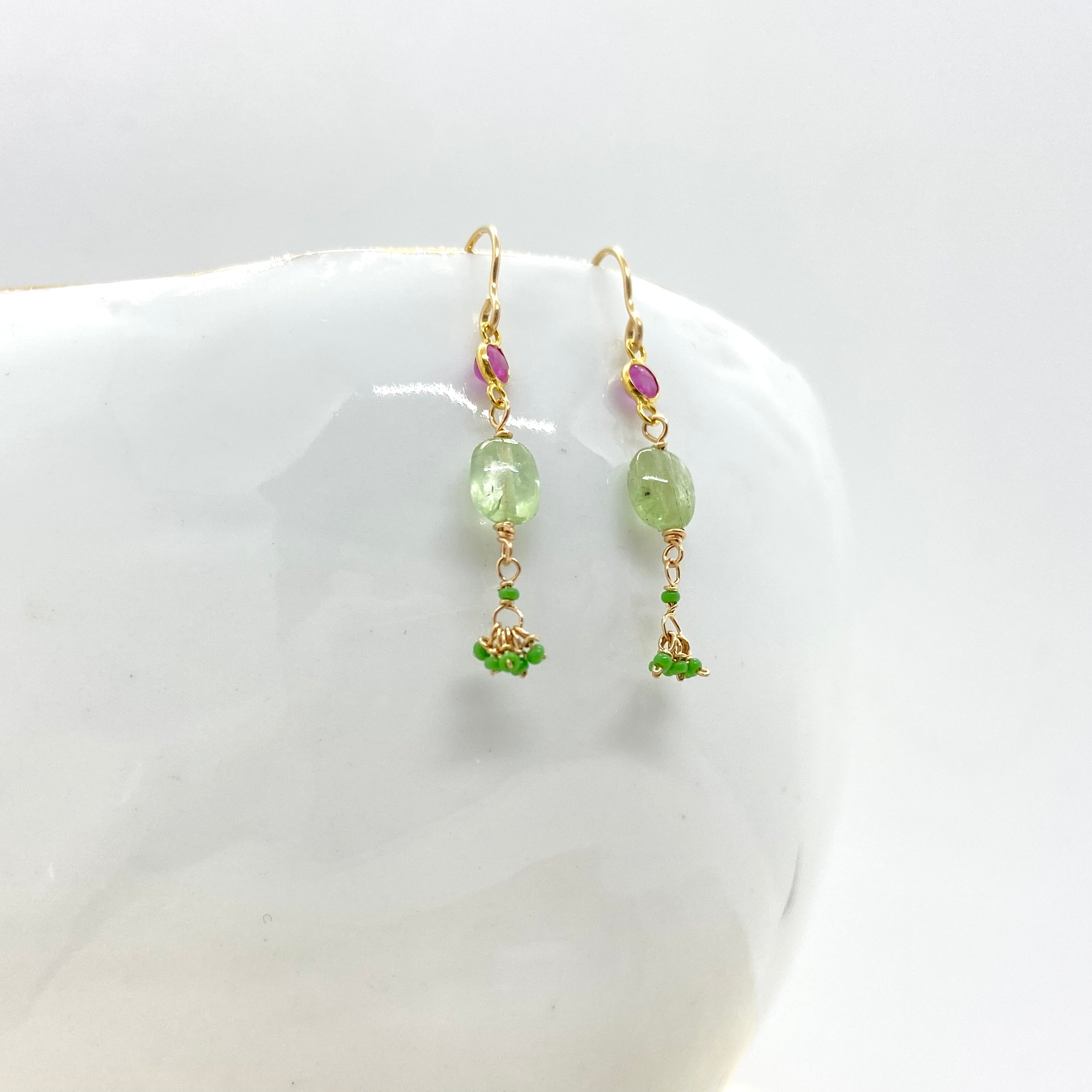 14k Gold Earrings w/ 18k Sapphire Pendants, Tsavorite & Antique Italian Beads