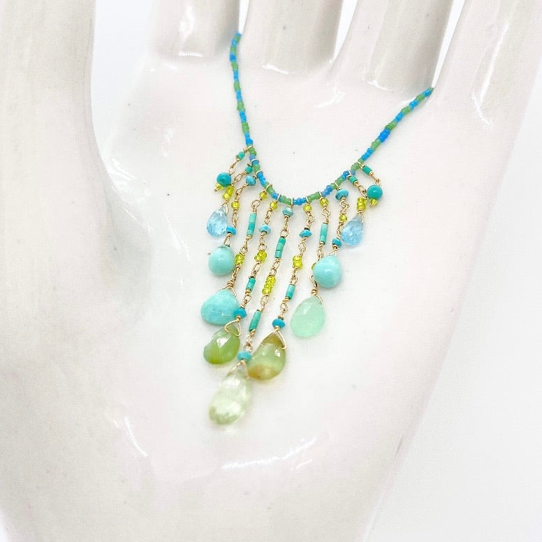 String Beaded Necklace w/ Chrysoberyl, Opal, Chrysoprase, Afghan Turquoise, Apatite & Antique Italian Beads