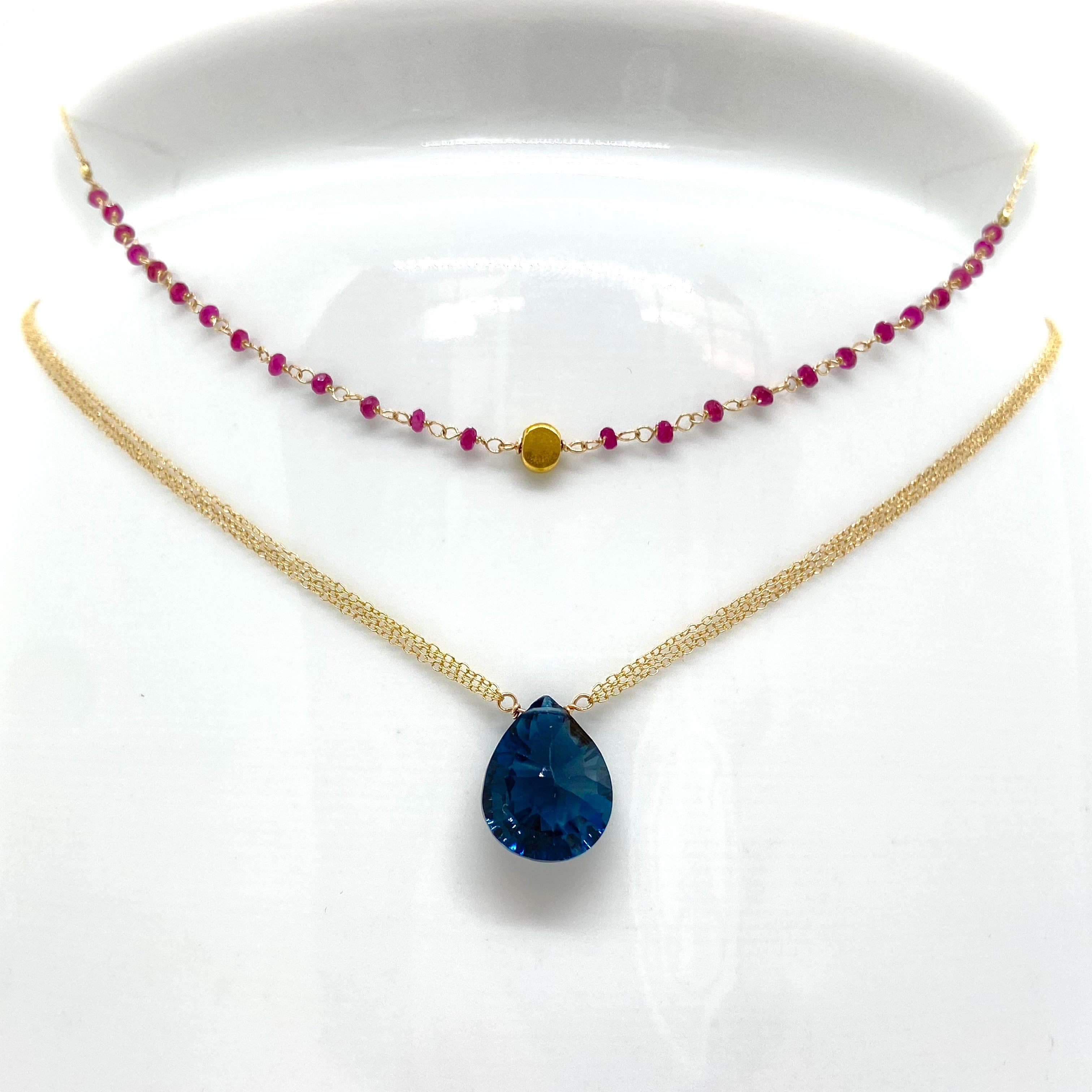 14k Gold Chain Necklace w/ 18k Gold Pendant, Rubies & 18k Gold Nuggets