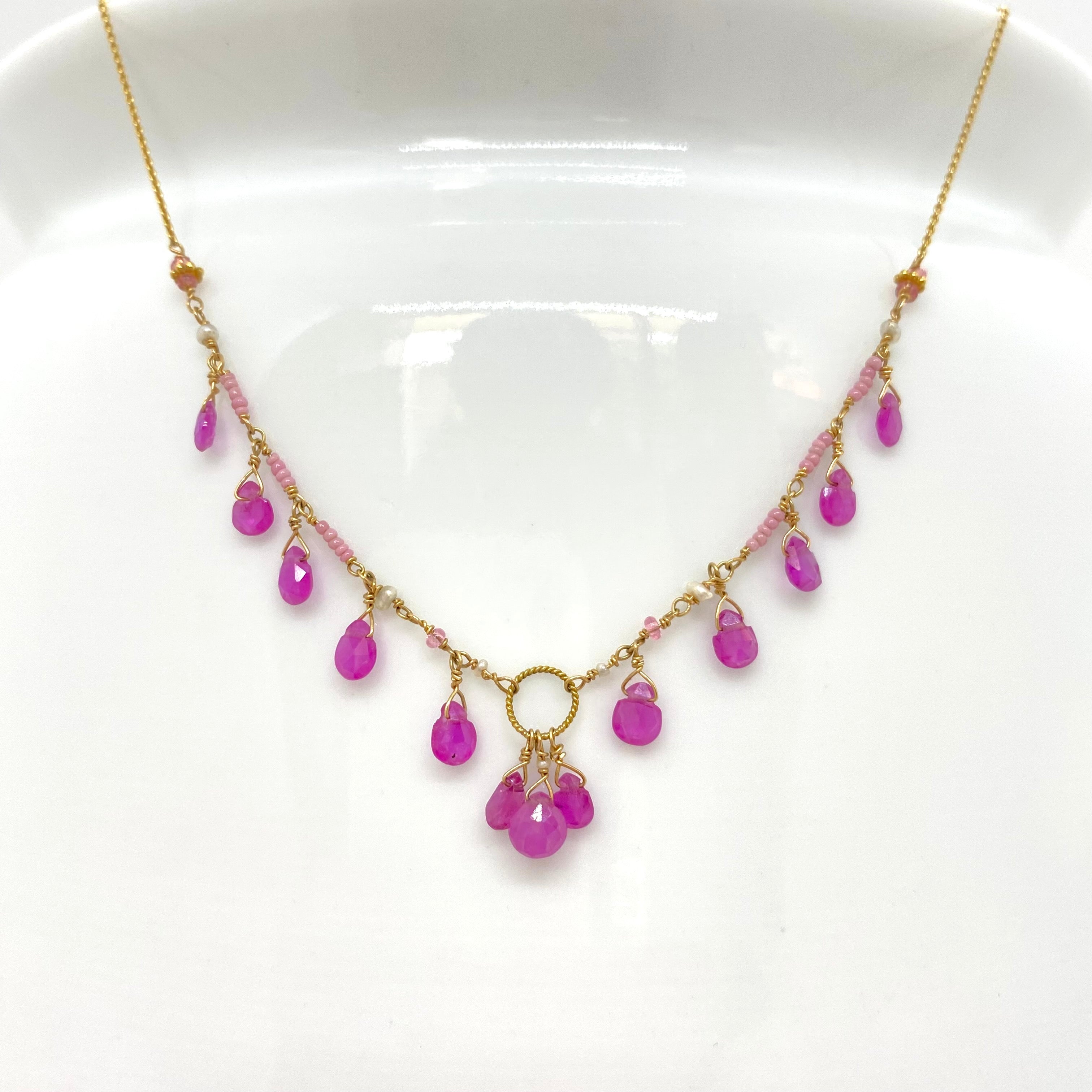 14k Gold Chain Necklace w/ Pink Sapphires, Freshwater Pearls, 18k Gold Daisy, 18k Gold Loop & Antique Italian Beads