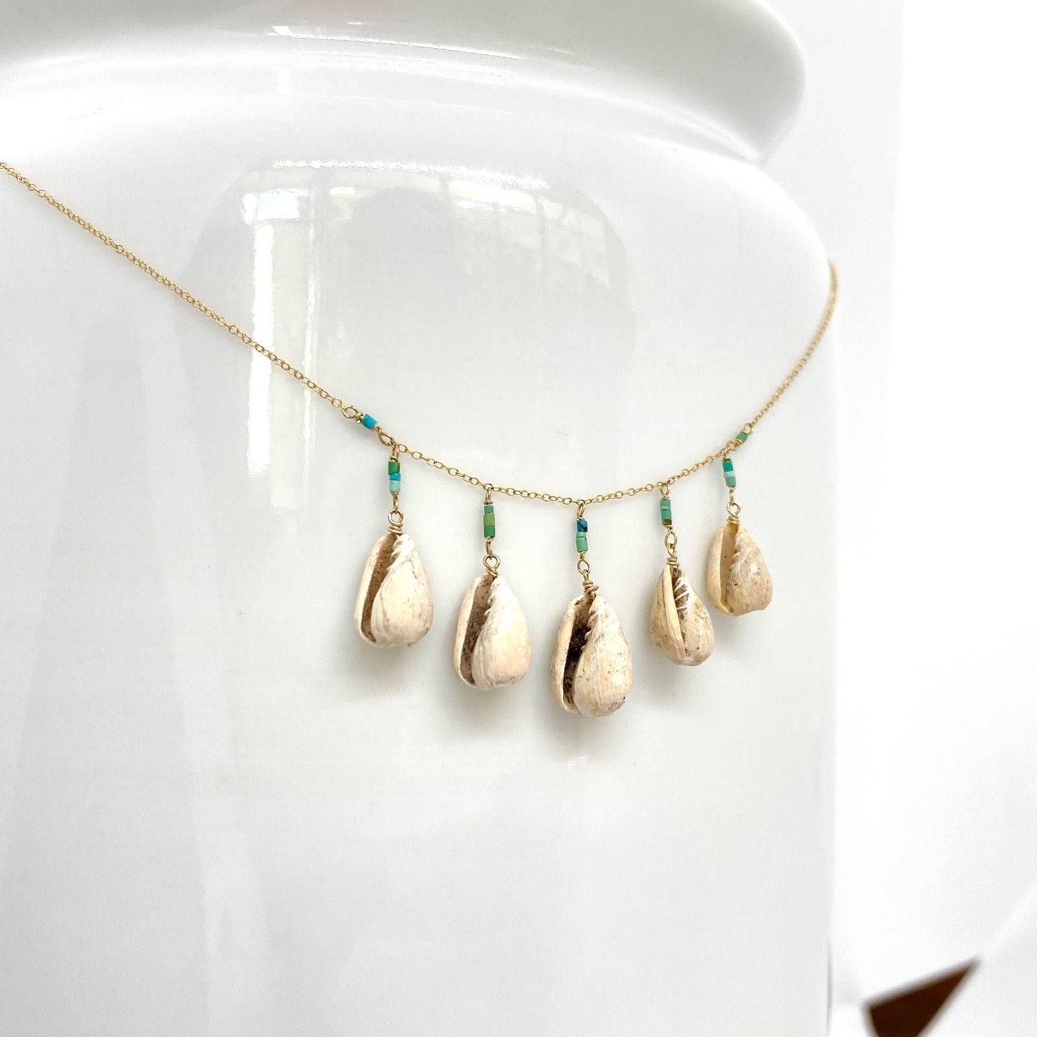 14k Gold Chain Necklace w/ Pre-Columbian Shells & Afghan Turquoise