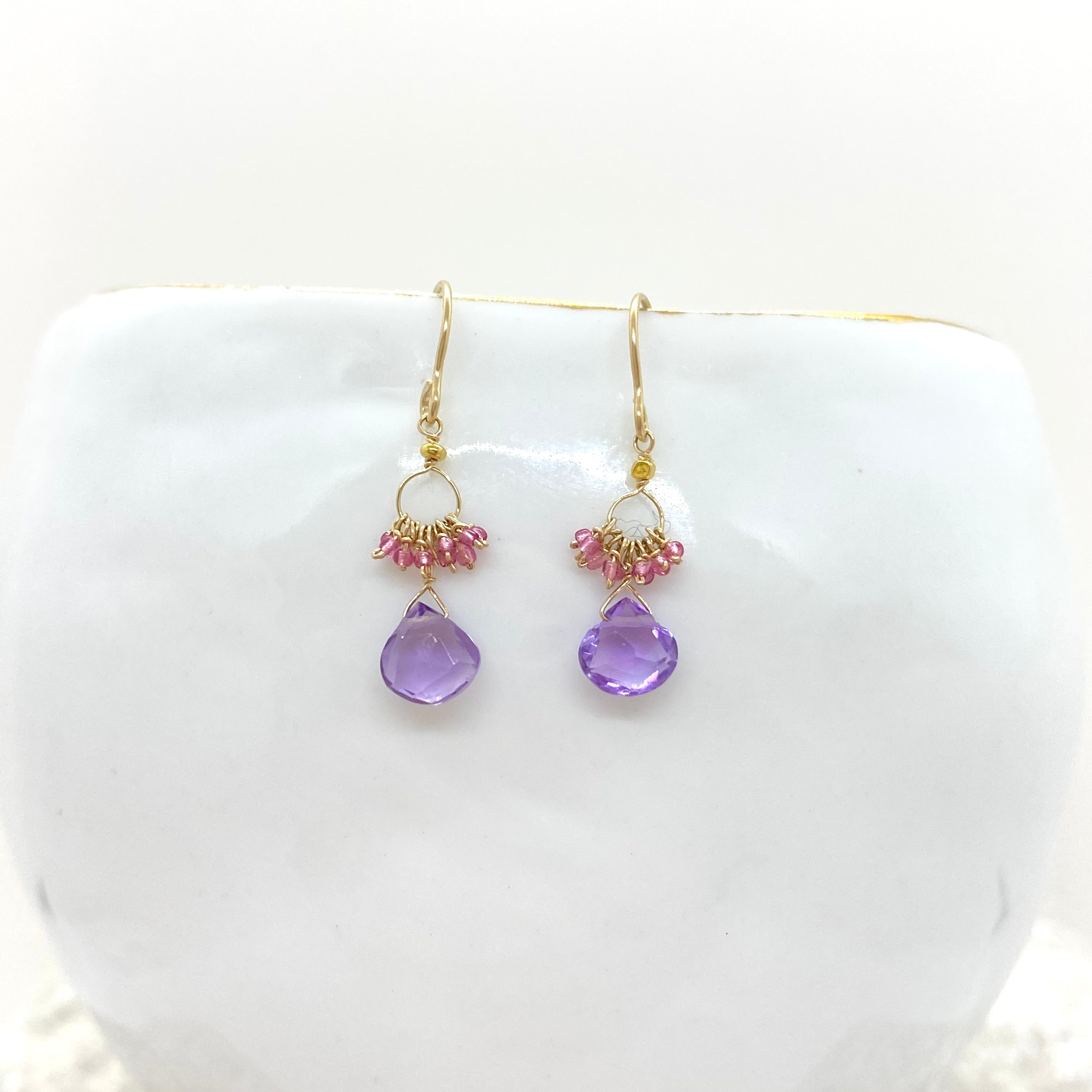 14k Gold Earrings w/ Amethyst & Antique Italian Beads