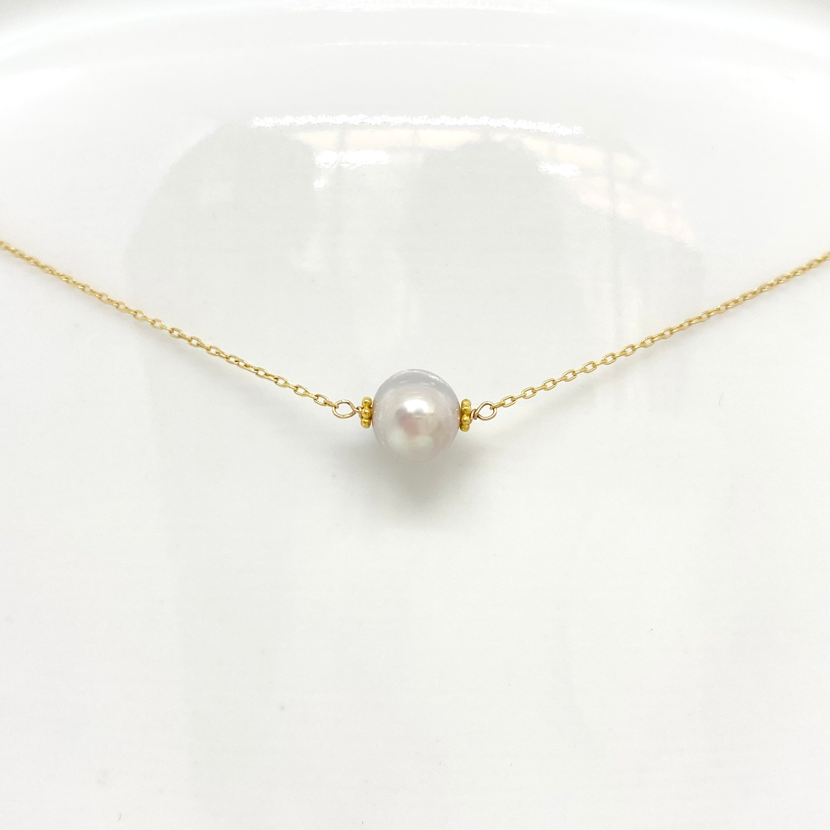 14k Gold Chain Necklace w/ Freshwater Pearl & 18k Gold Daisies