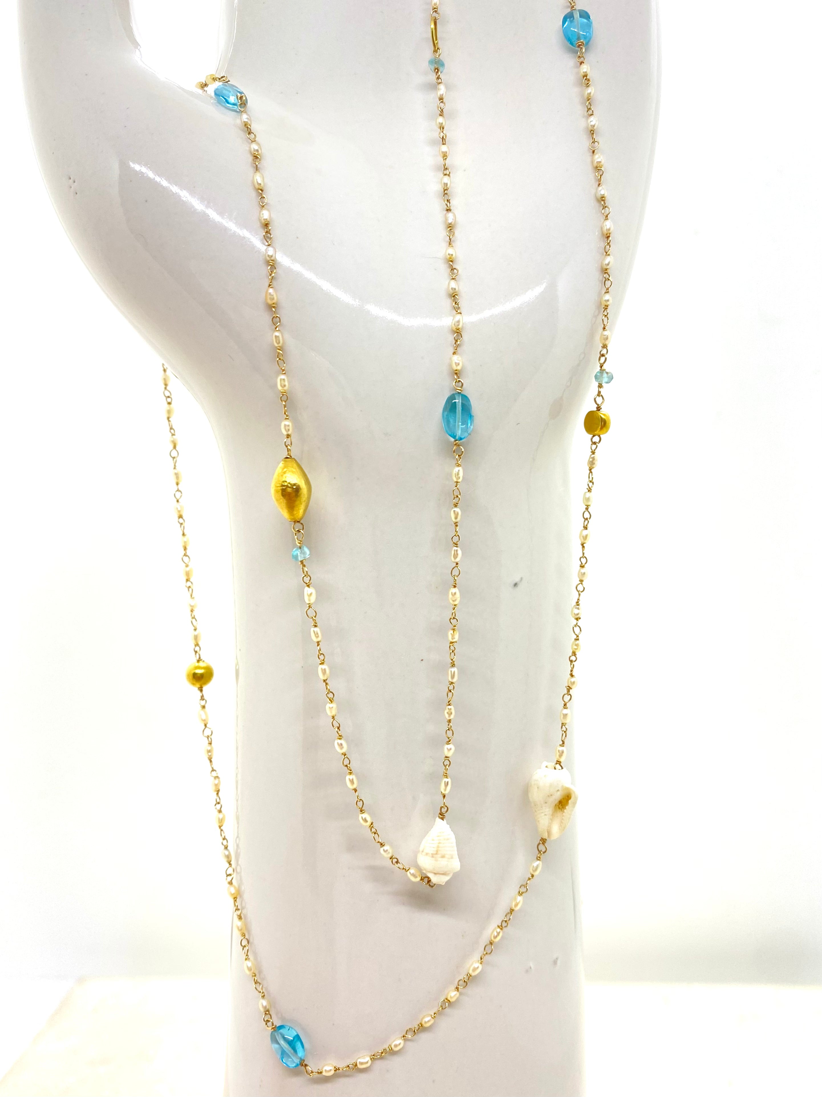 14k Gold Chain Necklace w/ Shells, Apatite, 18k Gold Nuggets & 18k Gold Loop