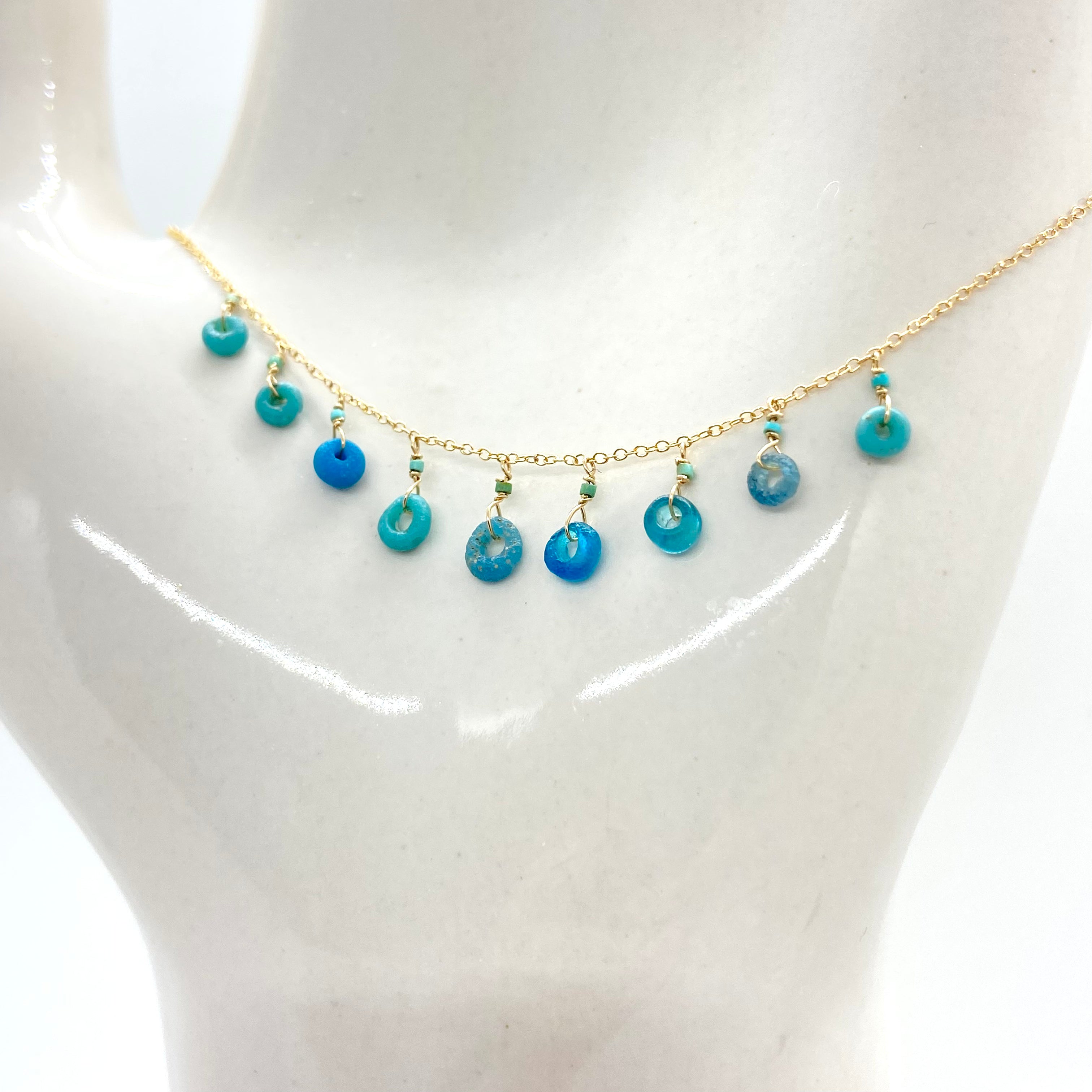 14k Gold Chain Necklace w/ Indo-Pacific Glass Beads