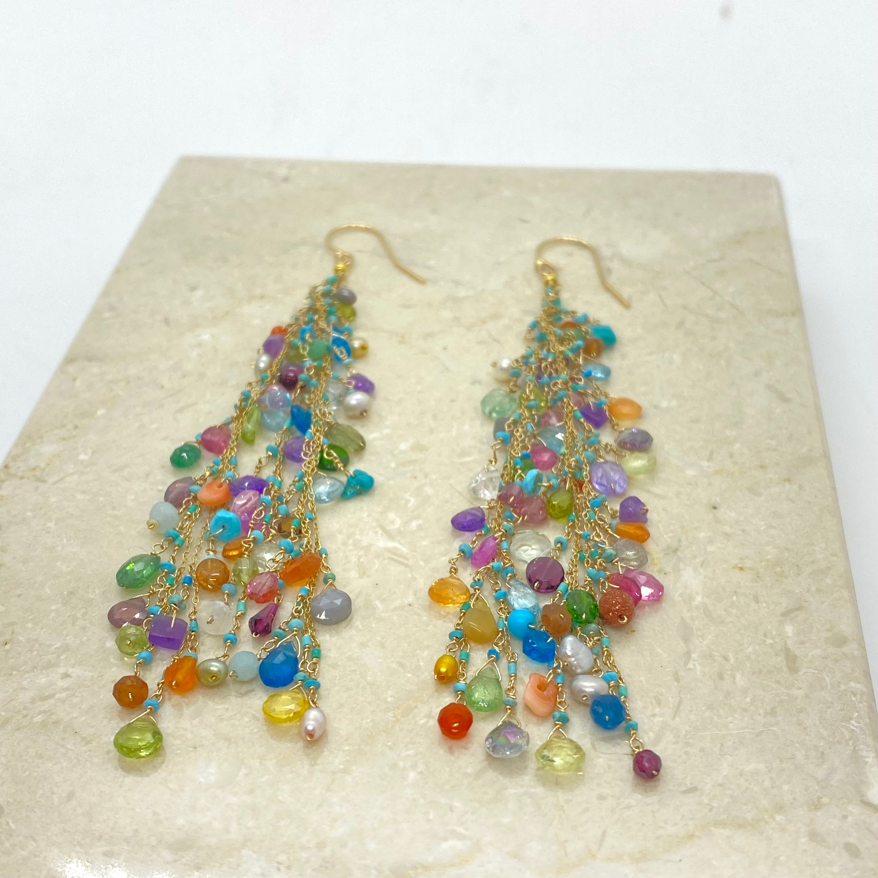 14k Gold Earrings w/ Precious Stones, Semi-Precious Stones, Afghan Turquoise, Freshwater Pearls & 18k Gold Nugget