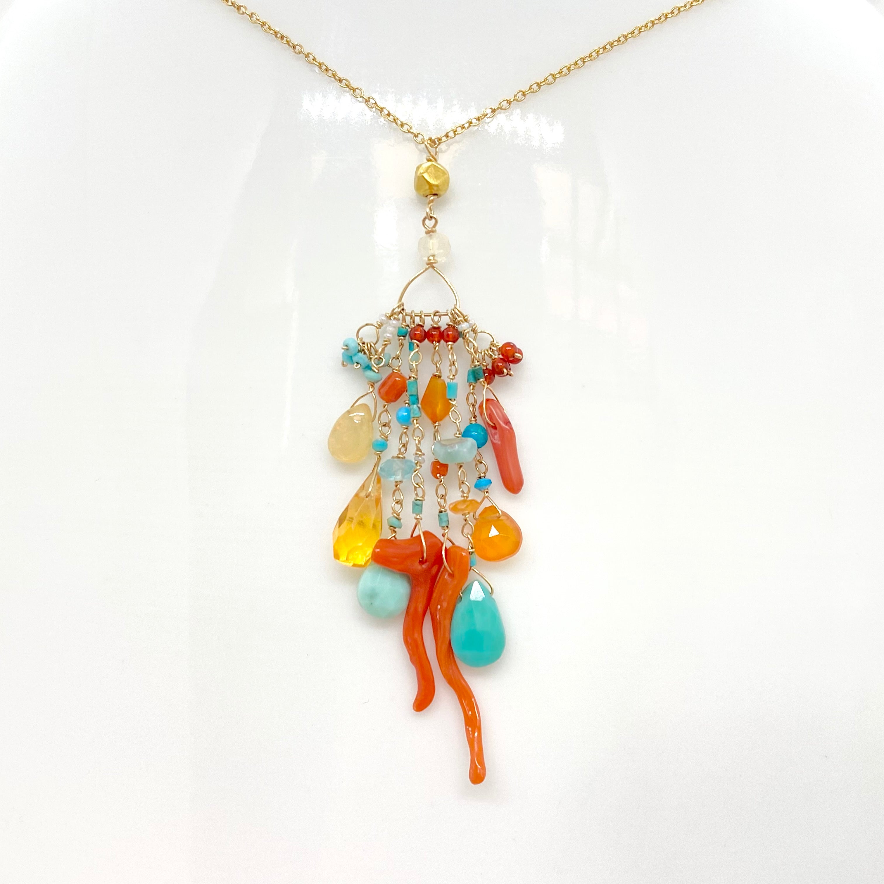 14k Gold Chain Necklace w/ Coral, 18k Gold Nugget, Turquoise, Opal, Apatite & Carnelian
