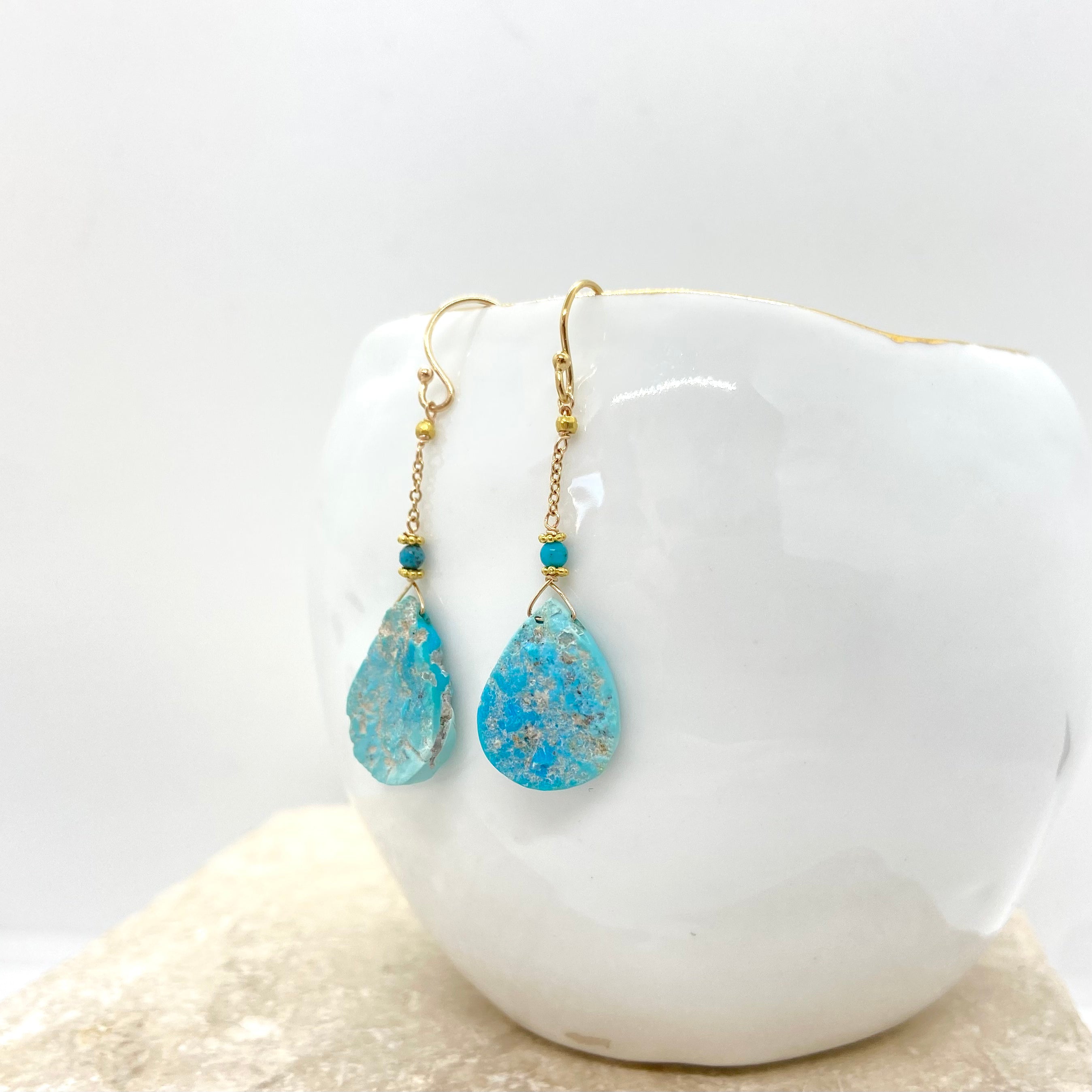 14k Gold Earrings w/ Turquoise, 18k Gold Daisies & 18k Gold Nugget