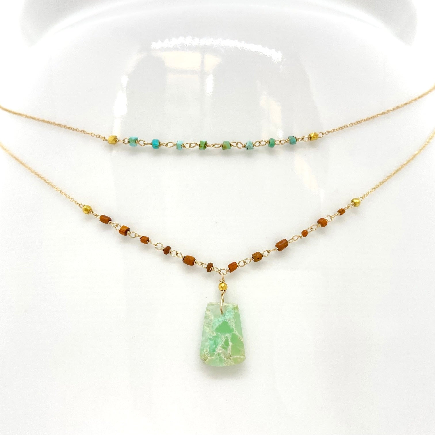 14k Gold Chain Necklace w/ Pre-Columbian Chrysoprase, Roman Glass & 18k Gold Nuggets
