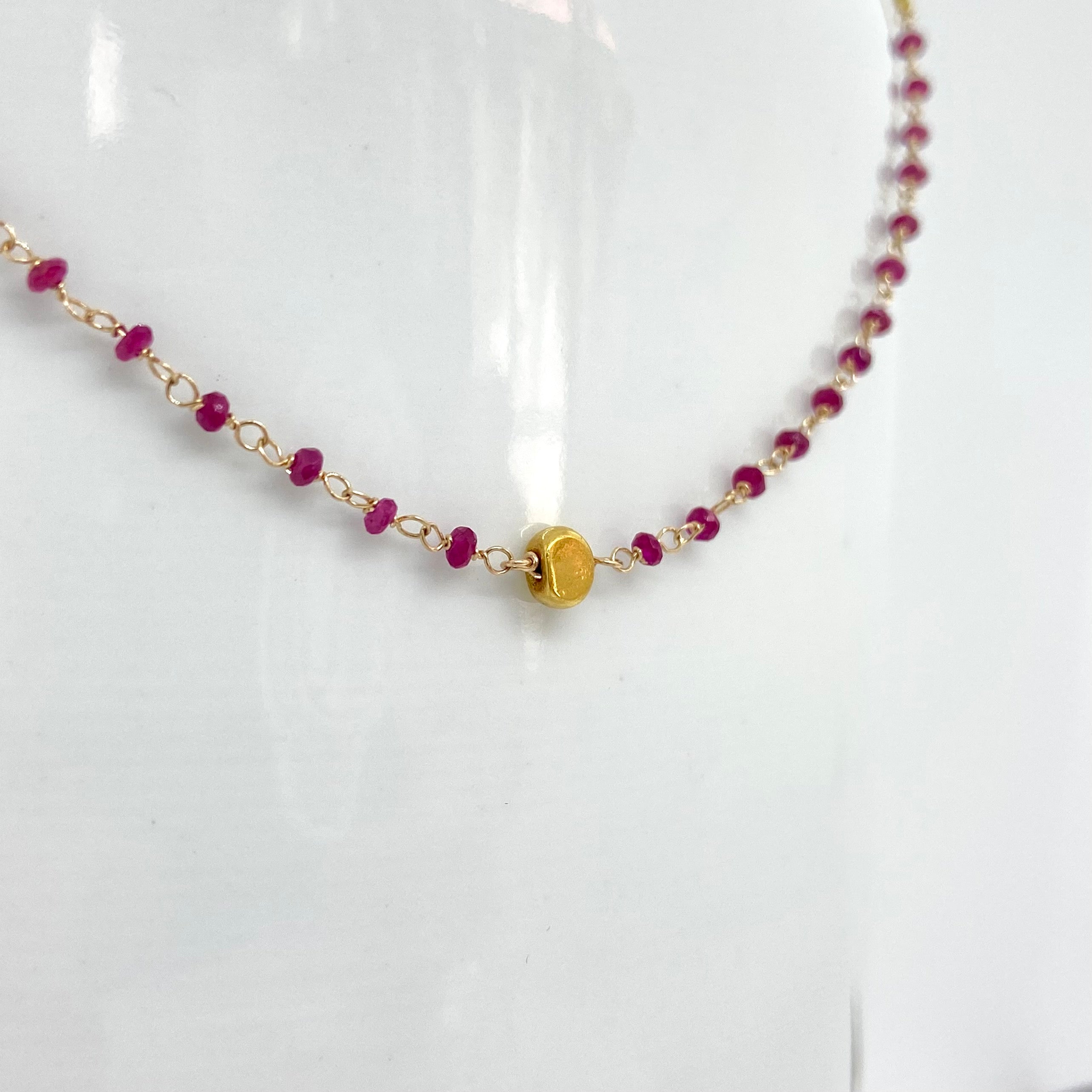 14k Gold Chain Necklace w/ 18k Gold Pendant, Rubies & 18k Gold Nuggets