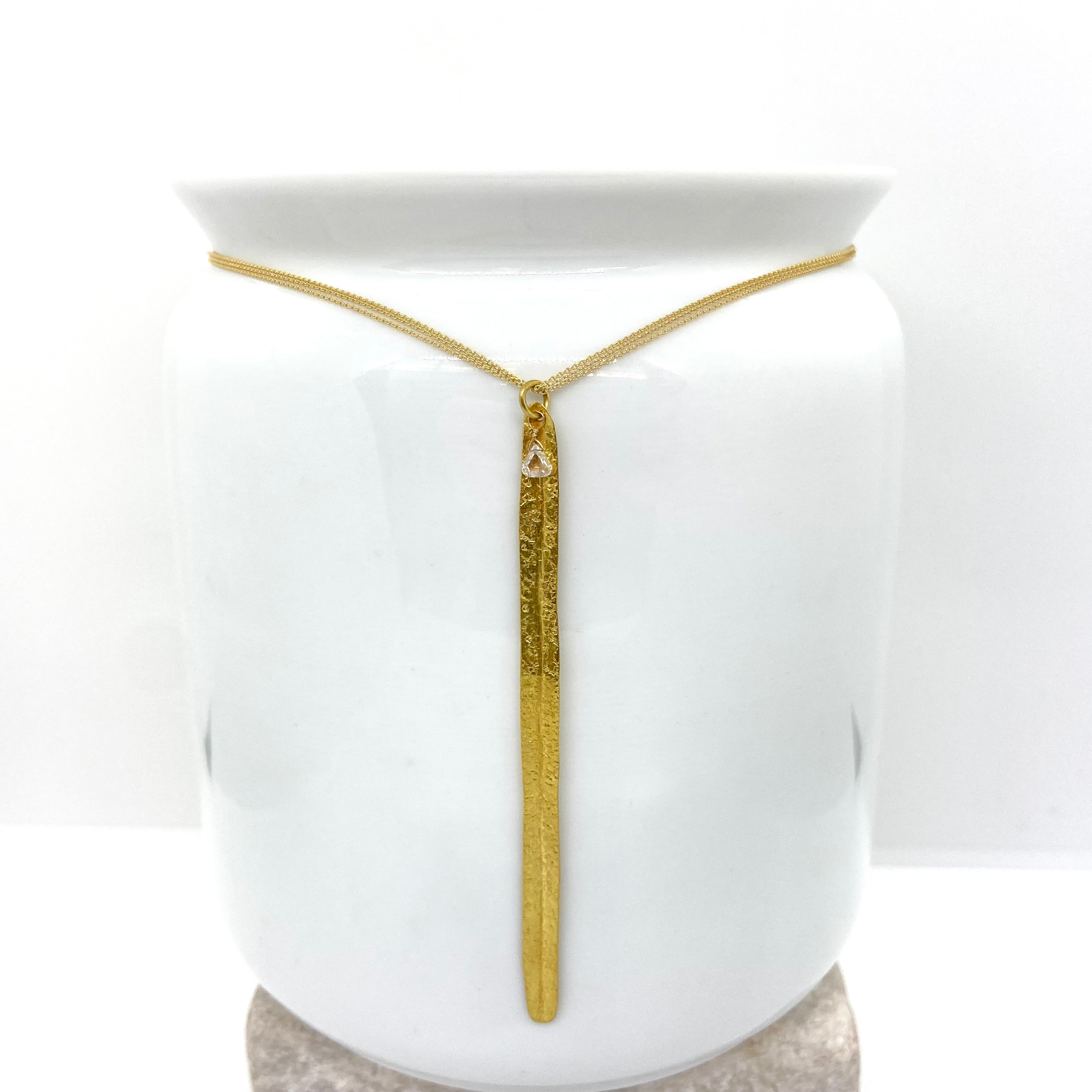 14k Gold Choker Triple-Chain Necklace w/ 18k Gold Leaf Pendant & Natural Diamond