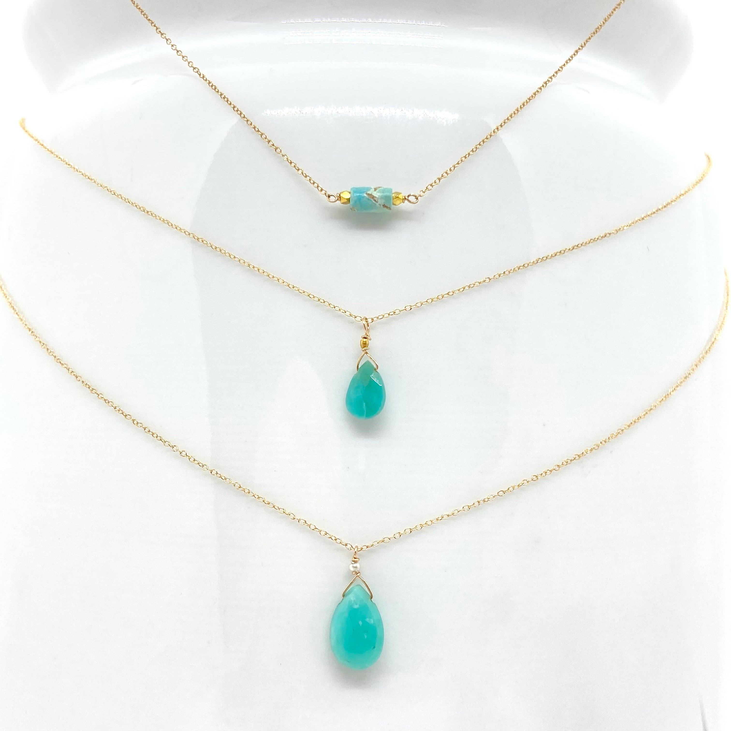 14k Gold Chain Necklace w/ Turquoise & Freshwater Pearl