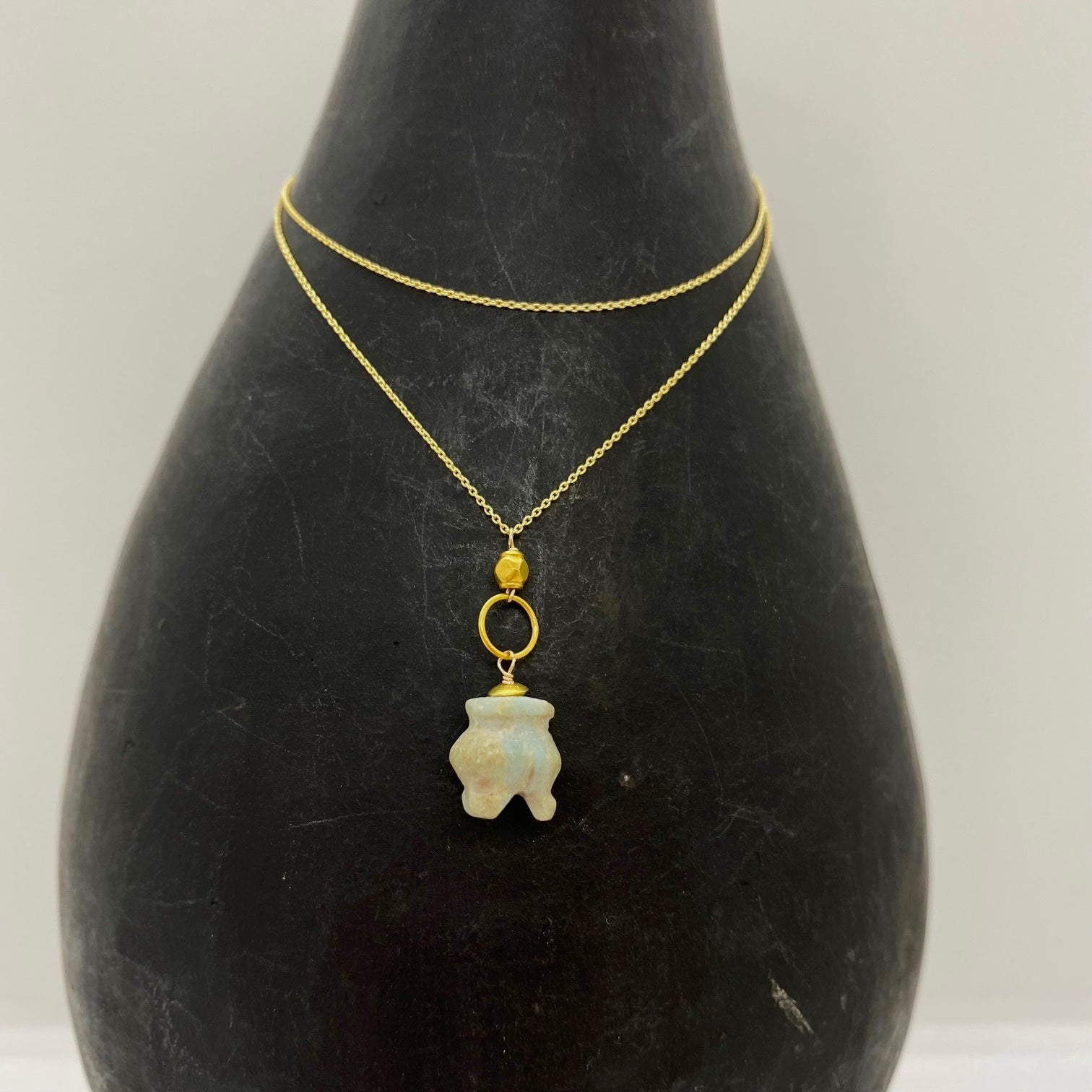 14k Gold Chain Necklace w/ Pre-Columbian Jade Pendant, 18k Gold Nugget & 18k Gold Loop