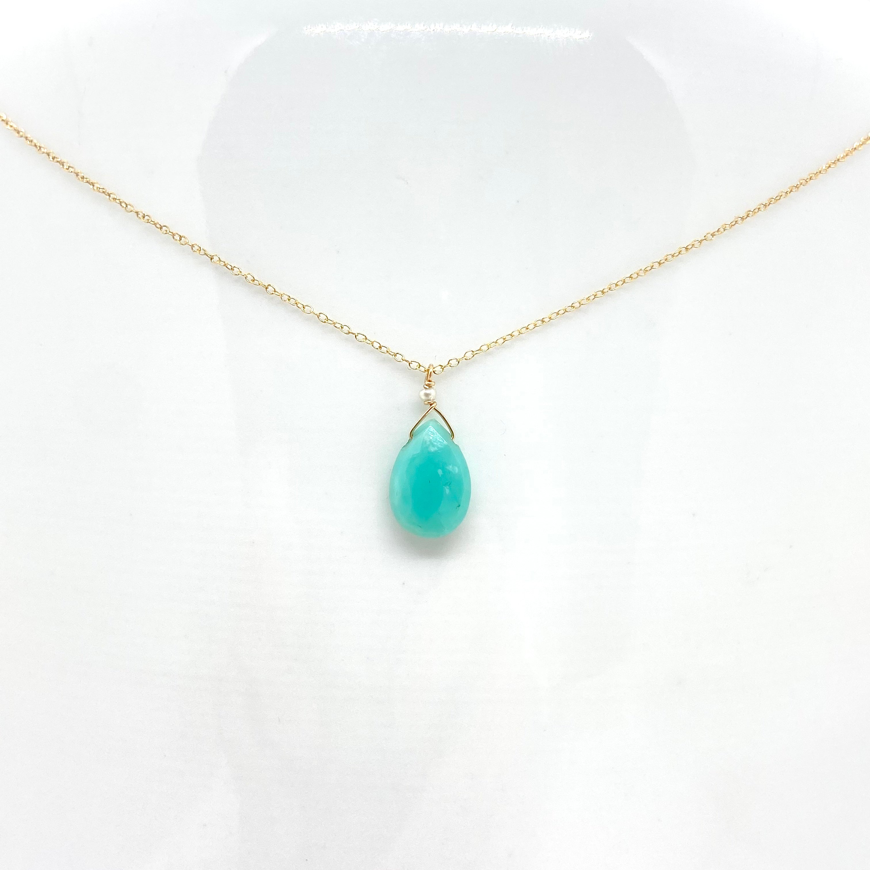 14k Gold Chain Necklace w/ Turquoise & Freshwater Pearl