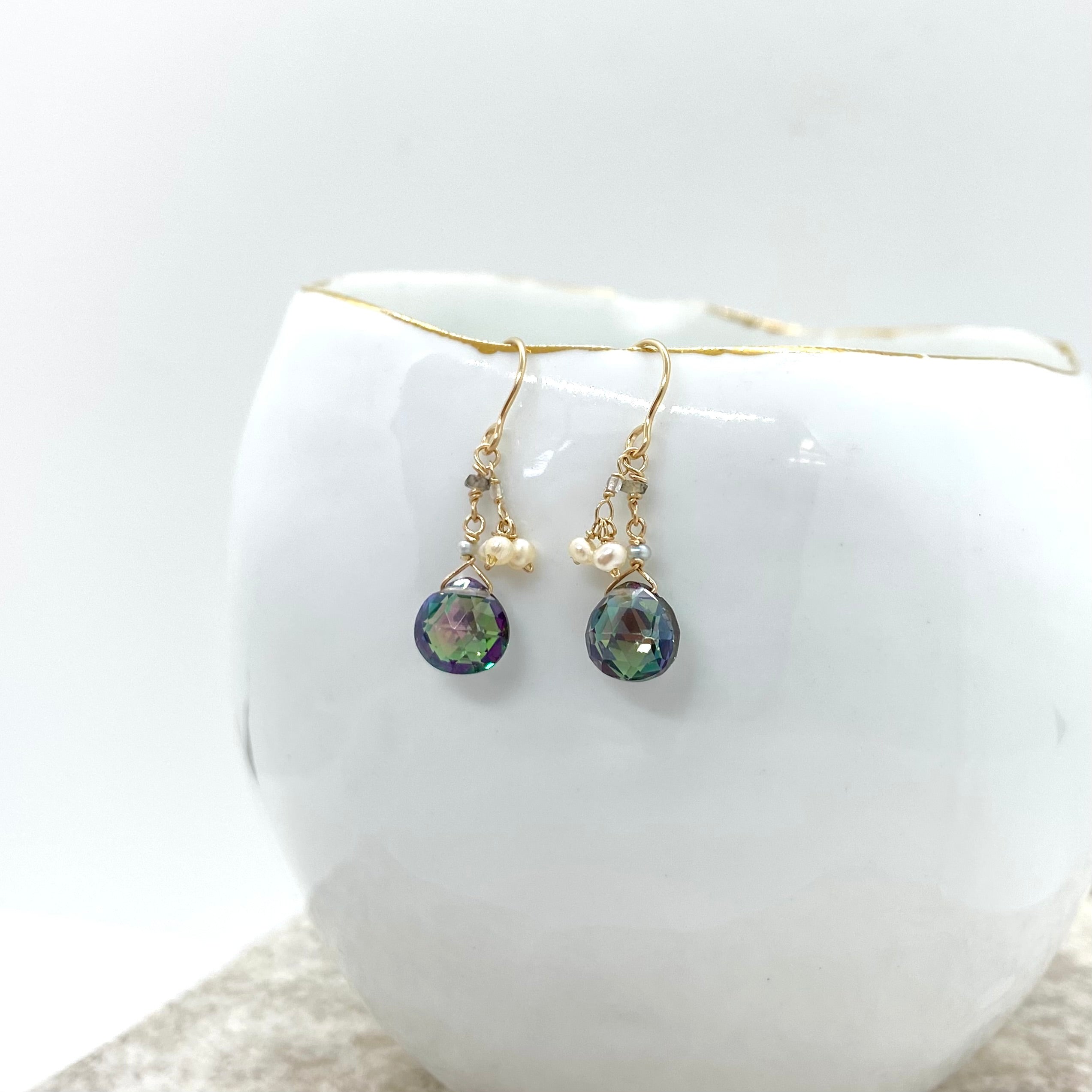14k Gold Earrings w/ Mystic Topaz, Freshwater Pearls & Sapphire