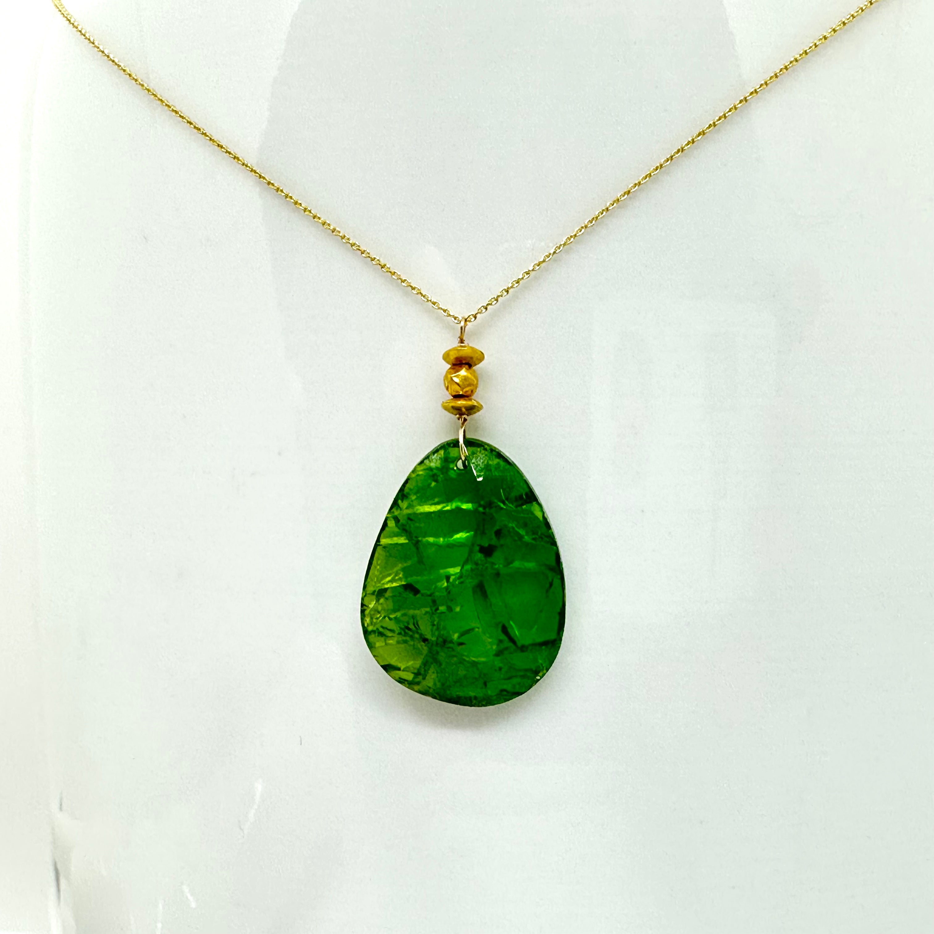 14k Gold Chain Necklace w/ Green Tourmaline & 18k Gold Nuggets