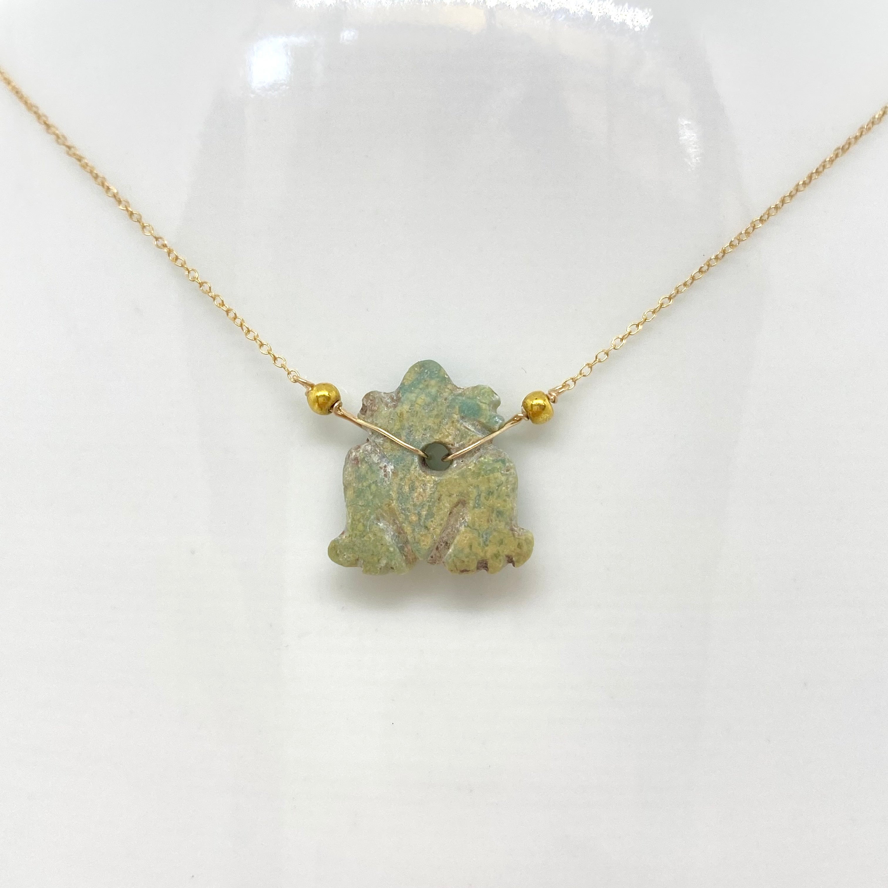 14k Gold Chain Necklace w/ Pre-Columbian Jade Frog Charm & 18k Gold Nuggets