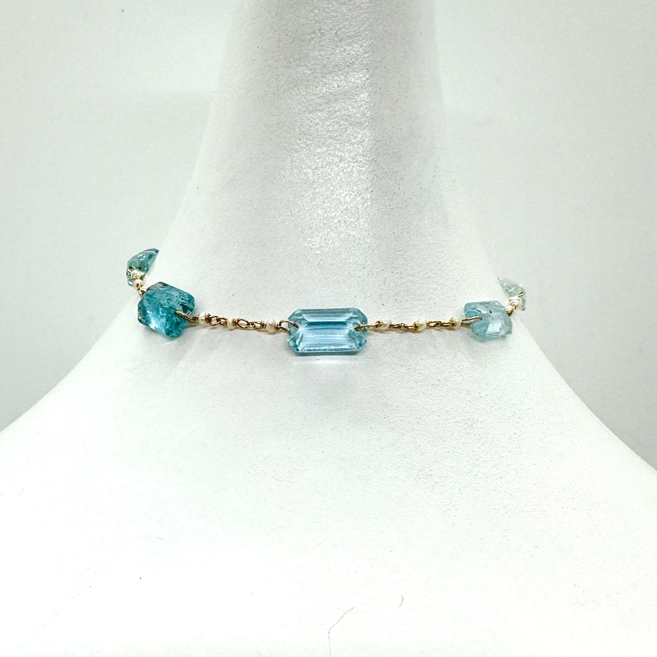 14k Gold Chain Bracelet w/ Aquamarine & Freshwater Pearls