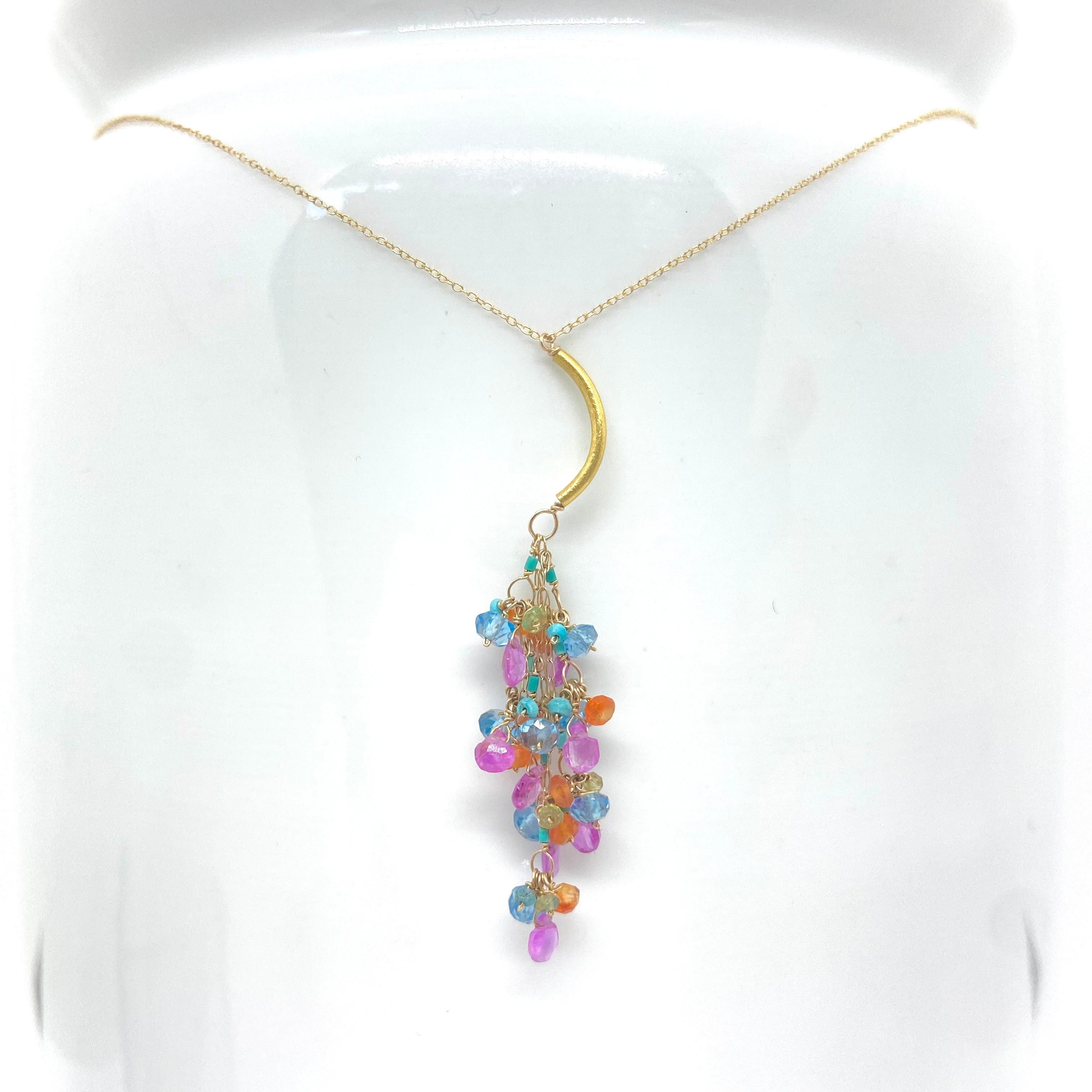 14k Gold Chain Necklace w/ 18k Gold Pendant, Pink Sapphires, Blue London Topaz, Carnelian, Afghan Turquoise & Grey Sapphires