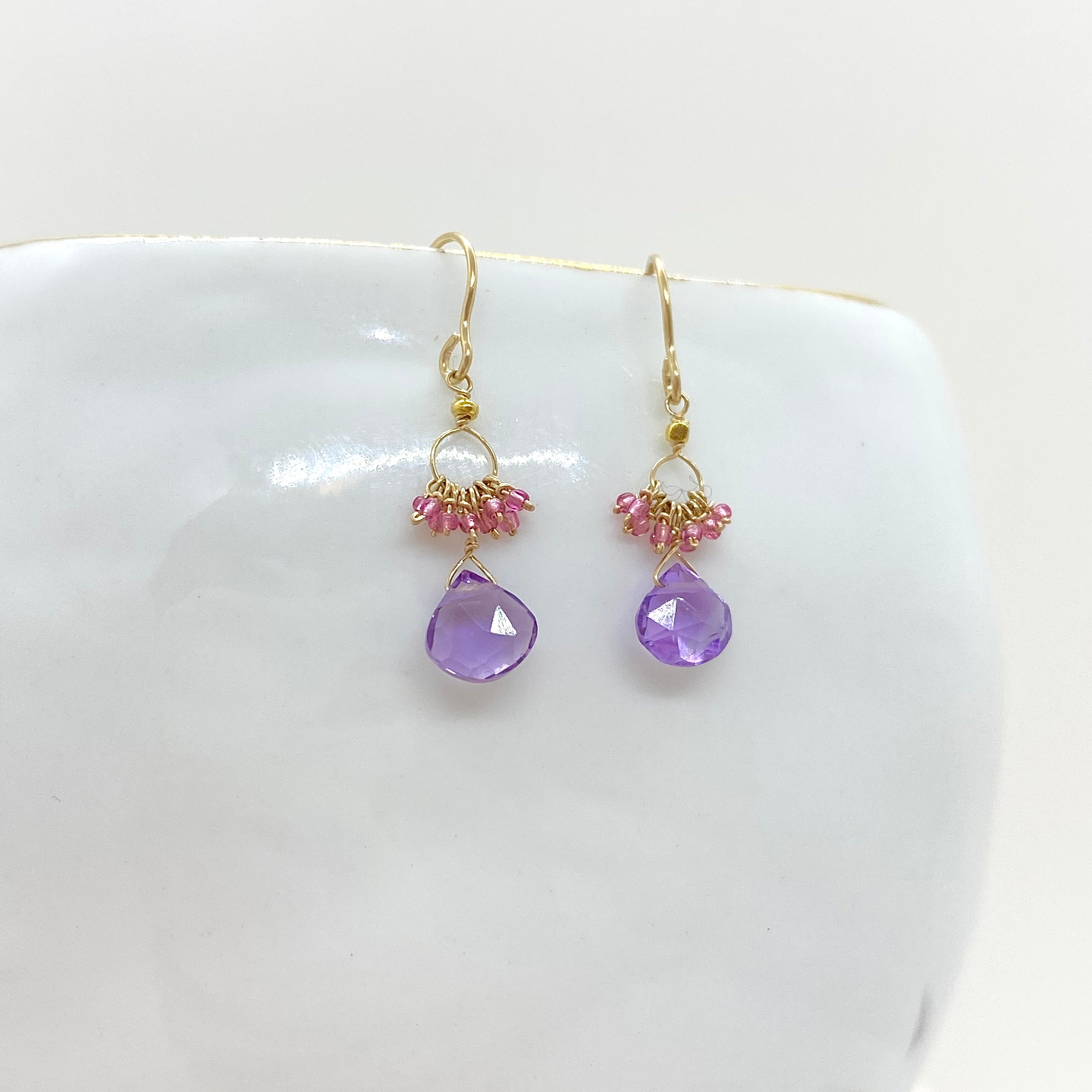 14k Gold Earrings w/ Amethyst & Antique Italian Beads